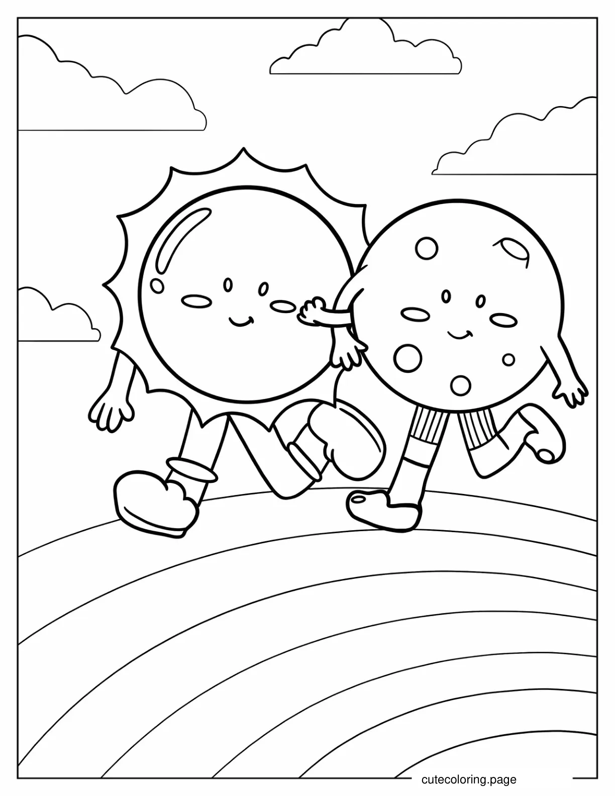 Sun And Moon Dancing On Rainbow coloring page