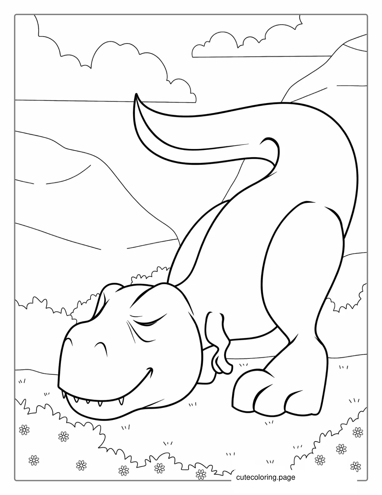 Baby T Rex Smelling Flowers Coloring Sheet coloring page