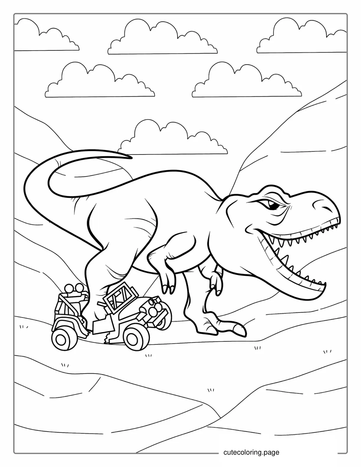 Jurassic Park T Rex Standing On Jeep coloring page