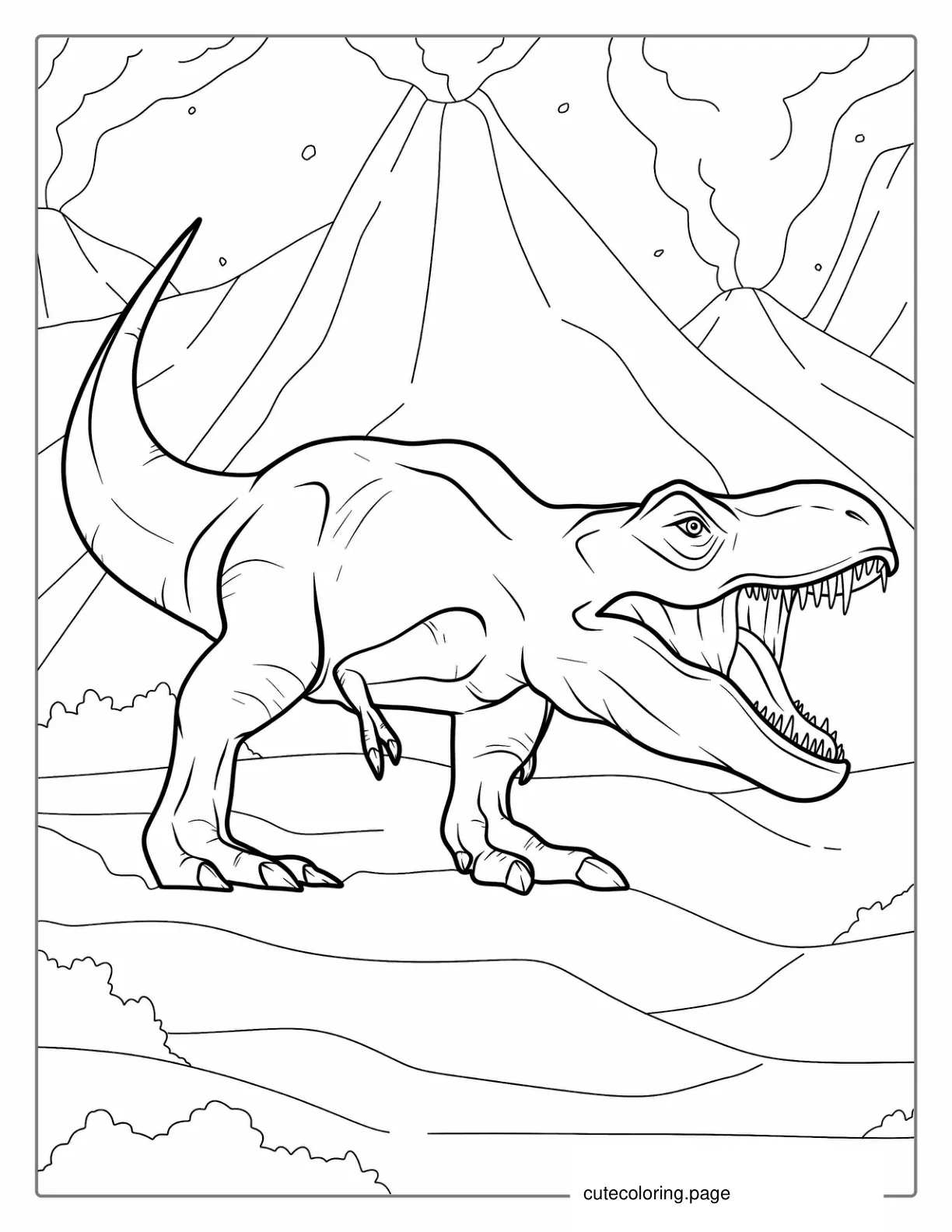 Roaring T Rex With Volcano Erupting To Color coloring page