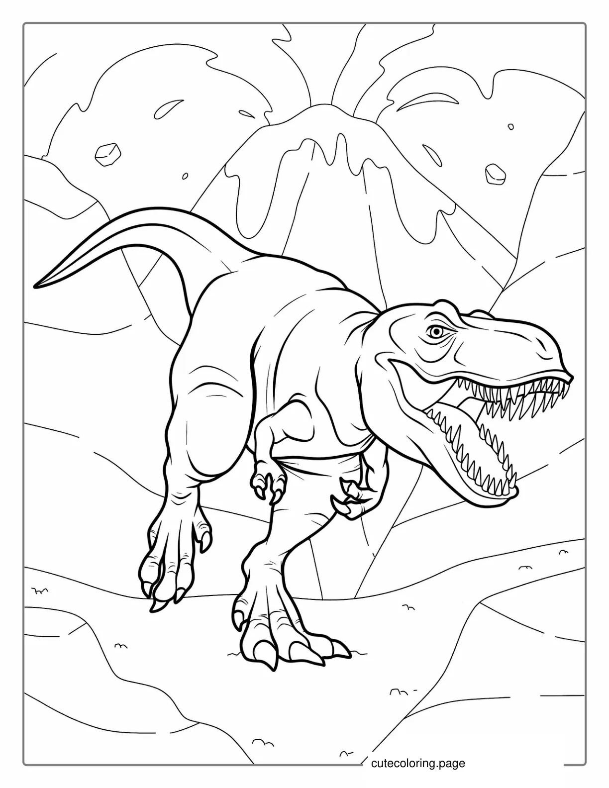 T Rex Dinosaur Running From Volcano coloring page