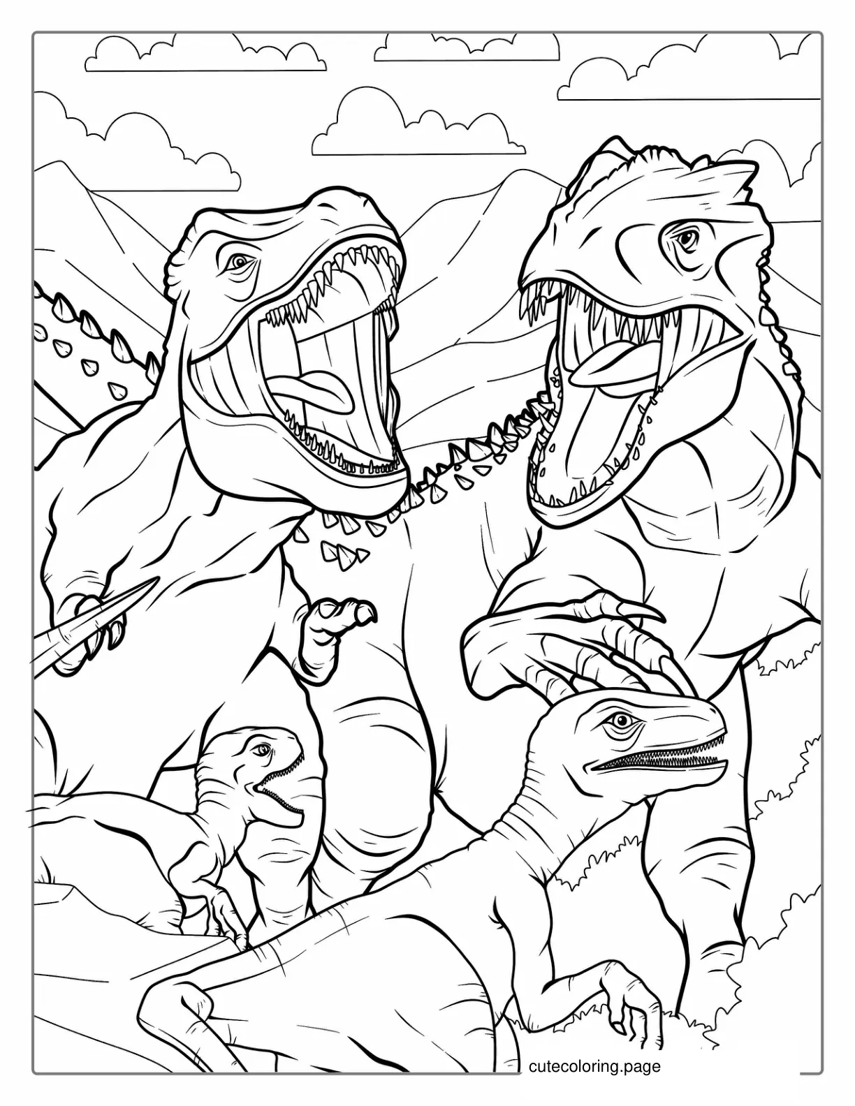 T Rex Dinosaurs Fighting Velociraptors To Color coloring page