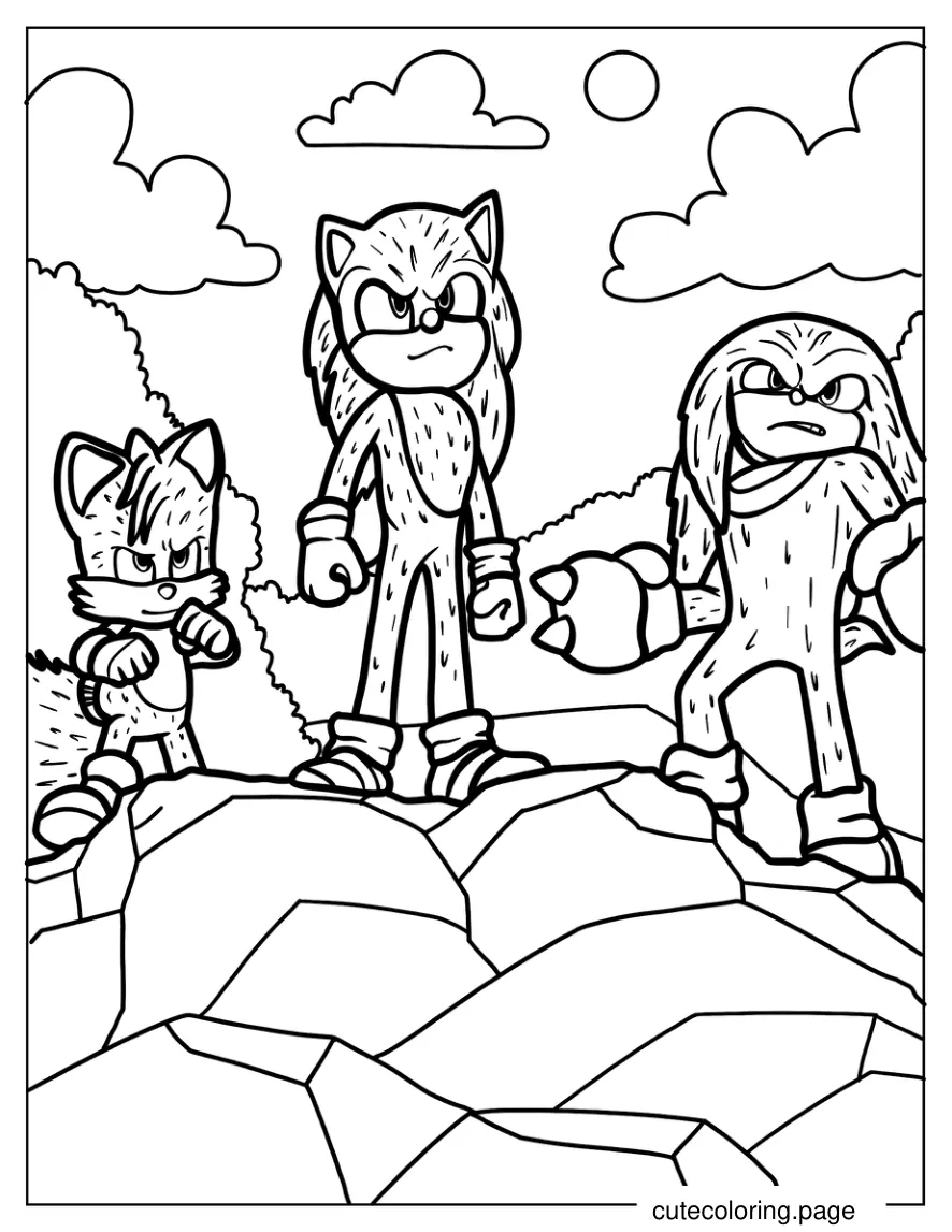 Detailed Tails Sonic And Knuckles On Cliff Coloring Sheet coloring page