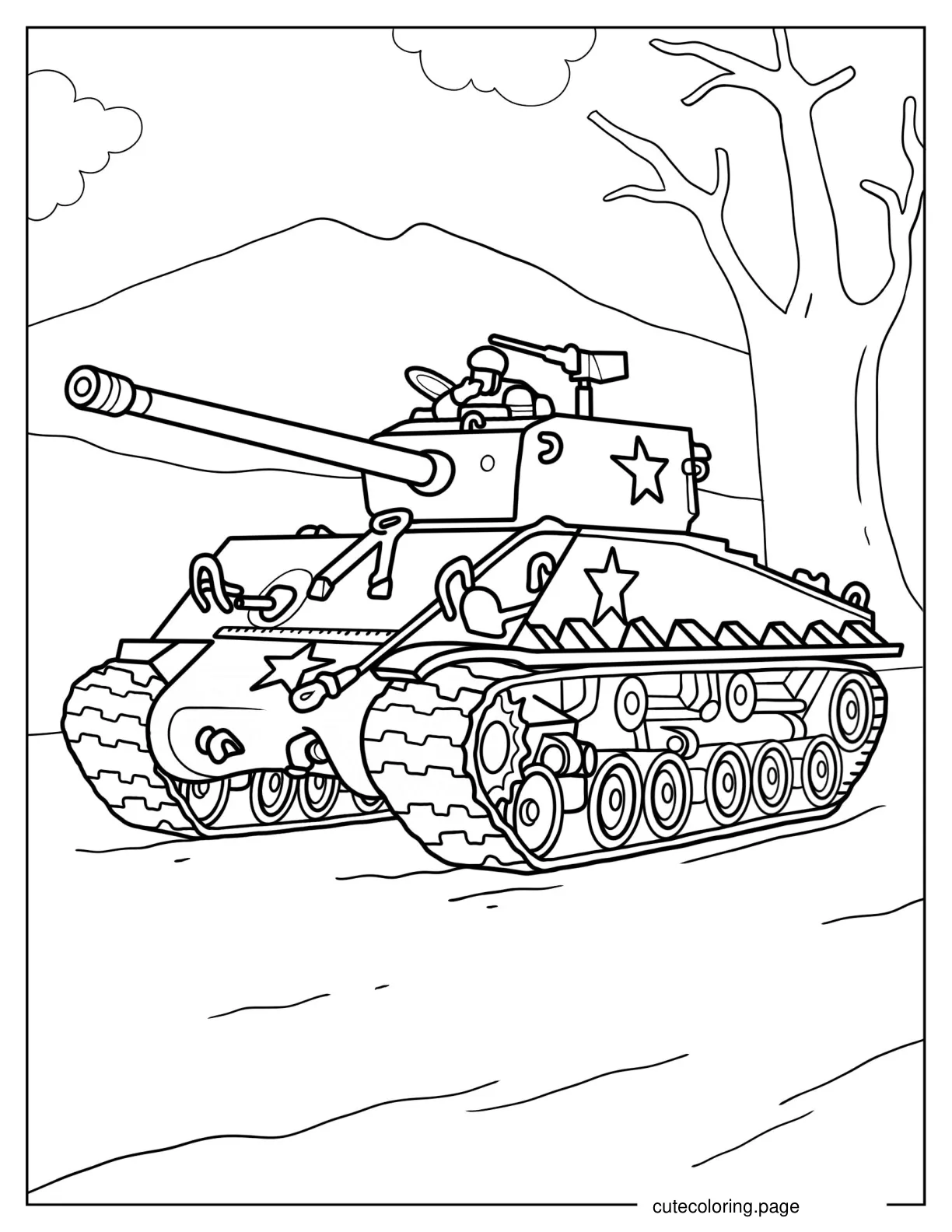 Military Tank on the Road With Gunner On Top coloring page