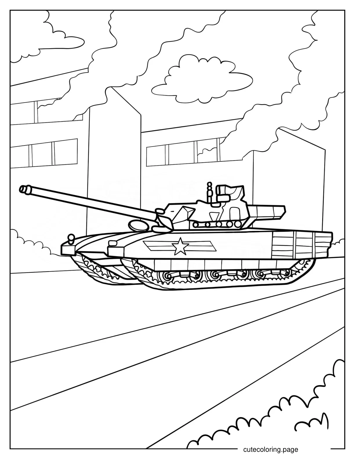 Simple Armata Russian Tank With Smoking Building in Background coloring page