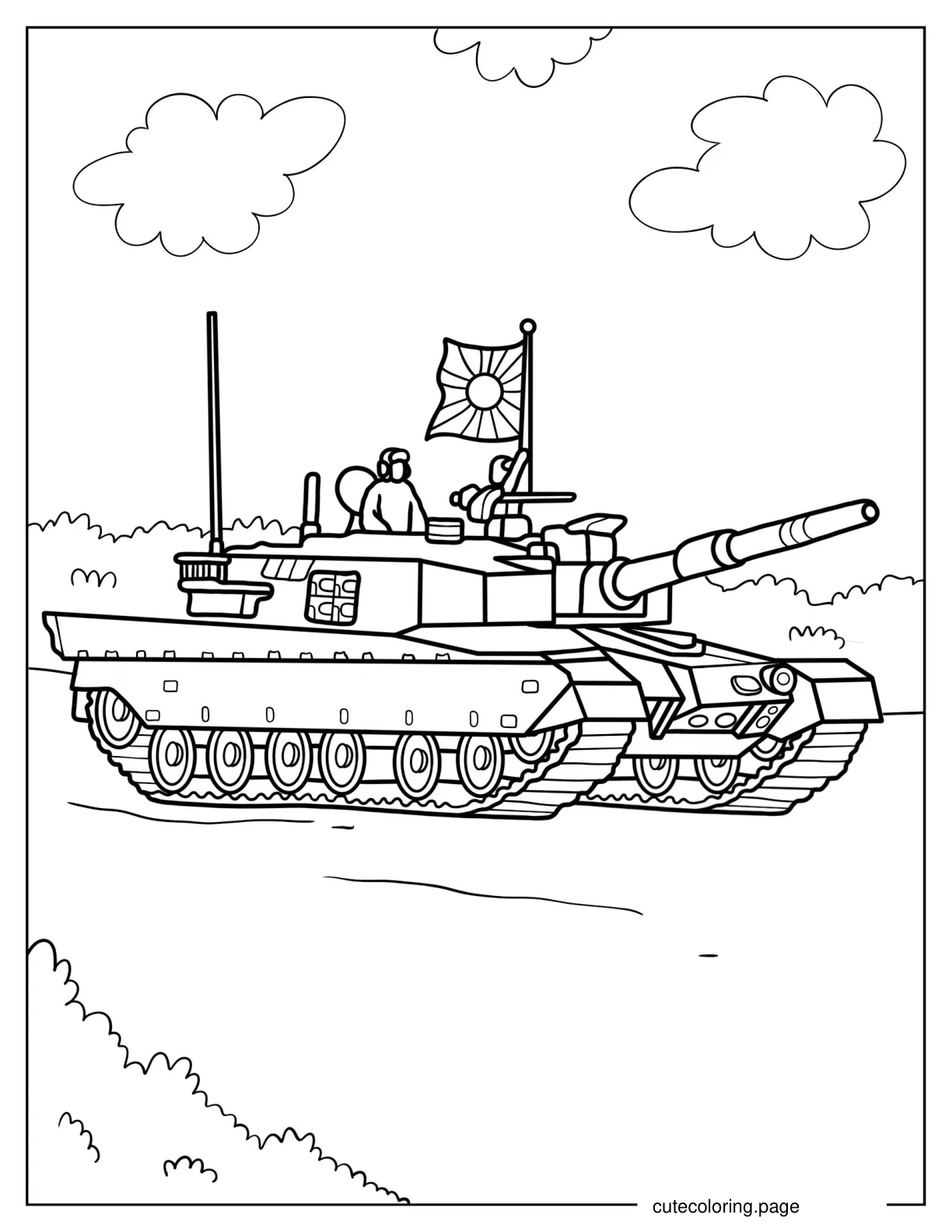 Type 90 Tank With Gunners and Japanese Flag coloring page