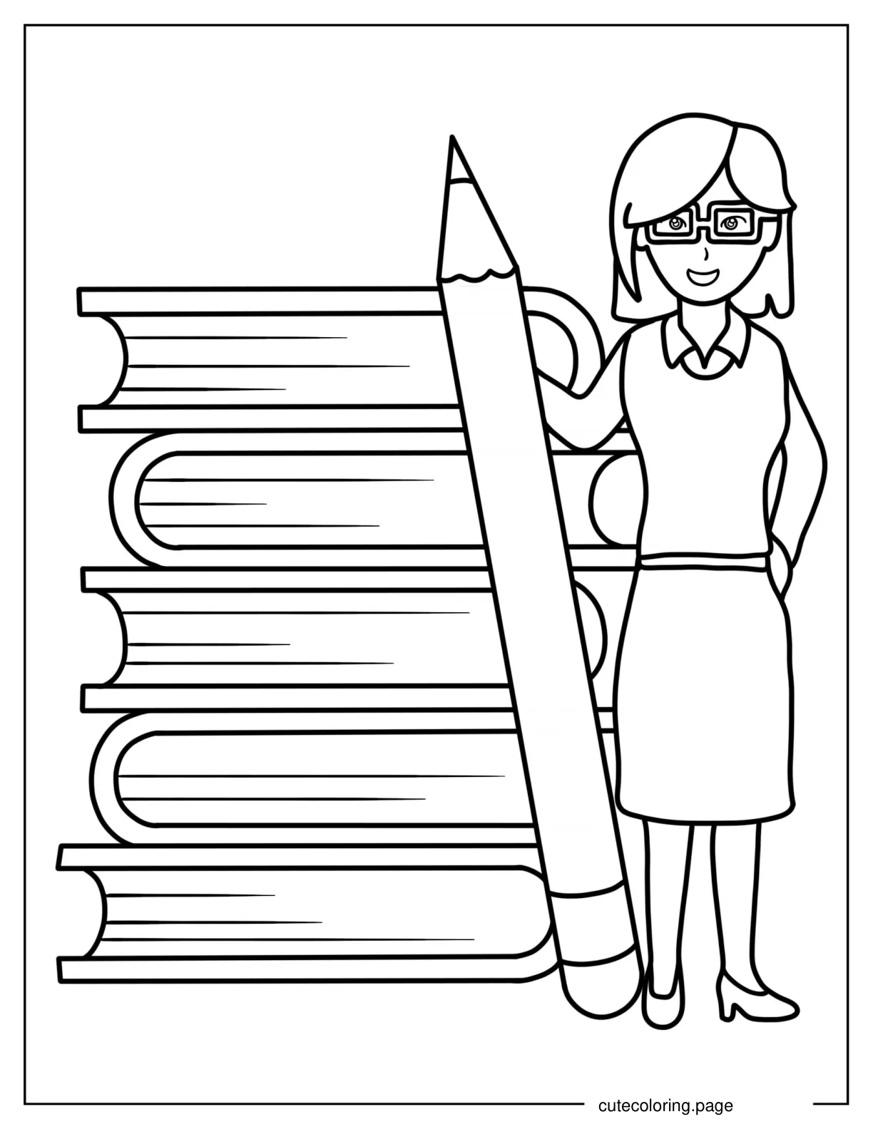 Coloring Page Of Teacher Holding Pencil Next To Books coloring page