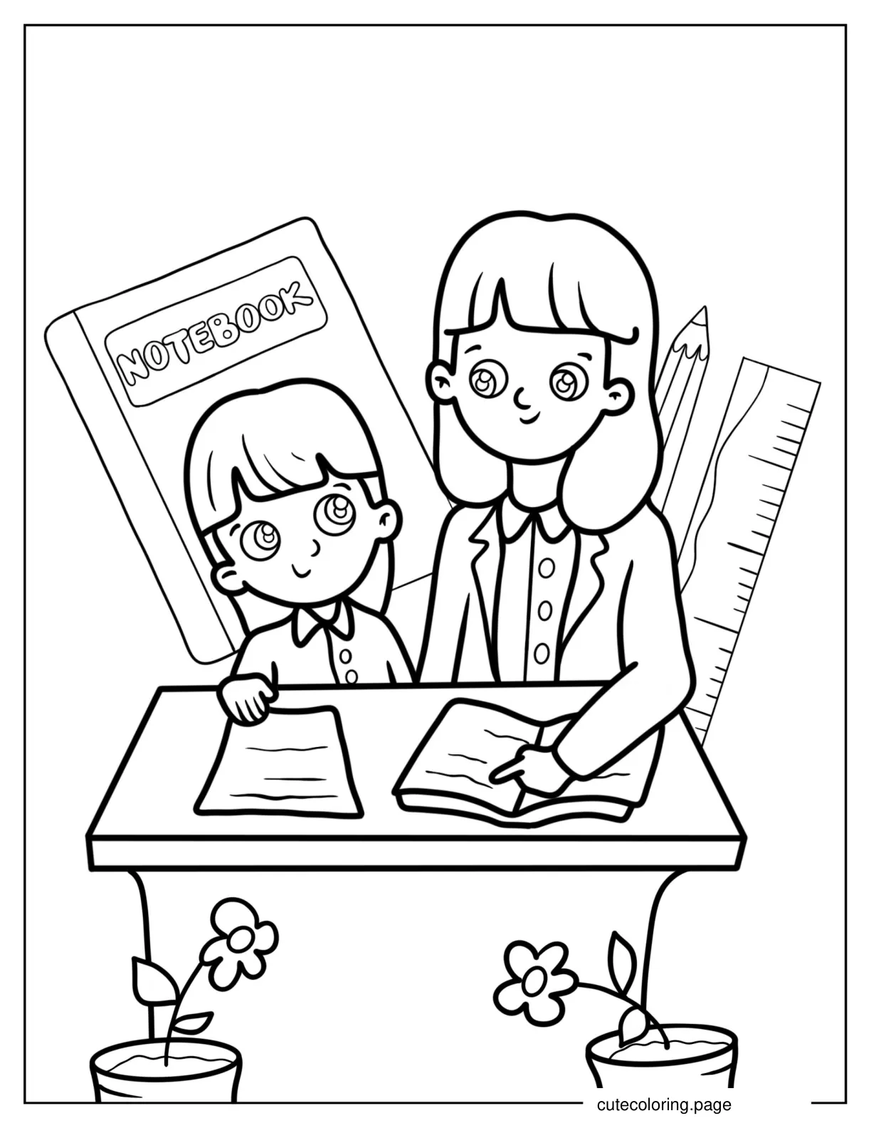 Coloring Page Of Teacher Showing Child How To Read coloring page