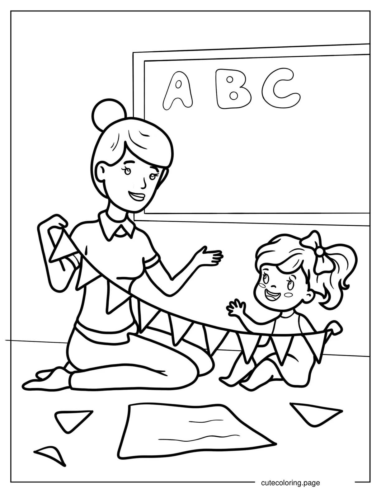 Teacher And Child Decorating Classroom To Color coloring page