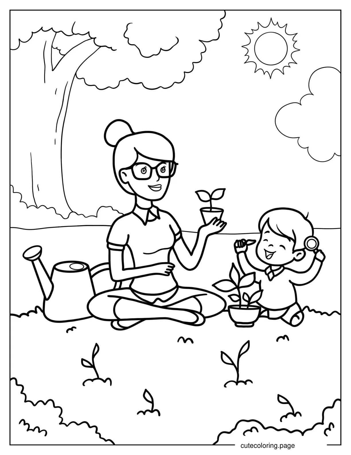 Teacher Helping Child Plant Vegetables coloring page