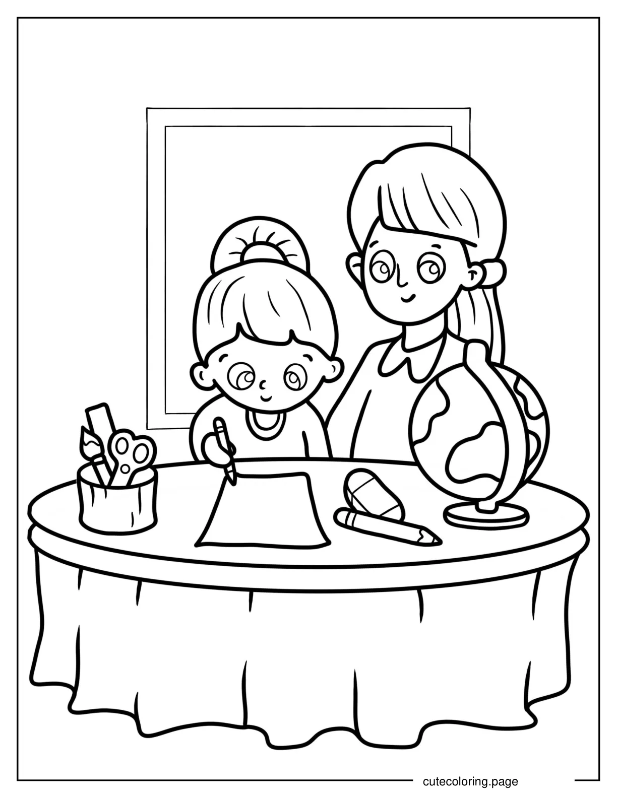 Teacher Showing Child How To Write To Color coloring page