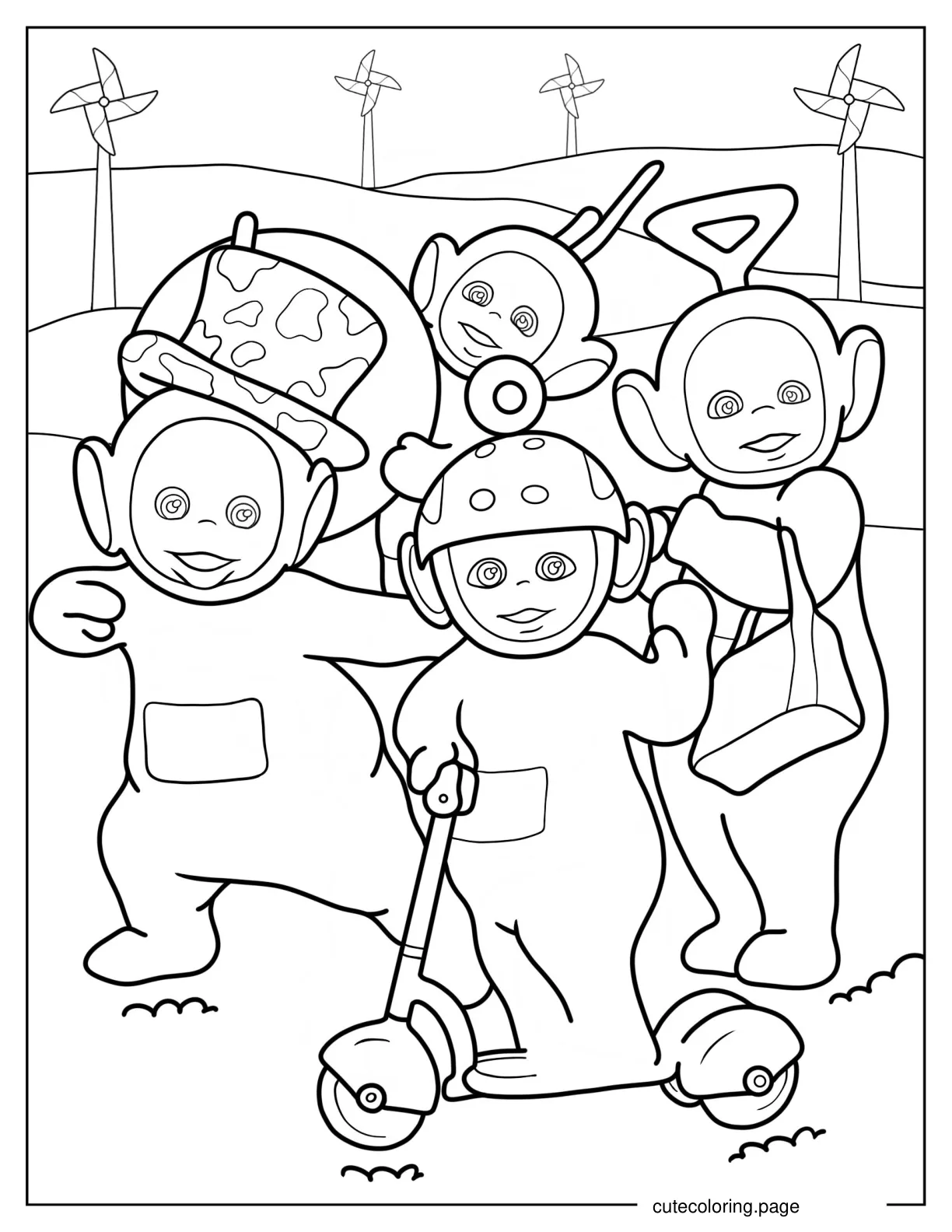 Teletubbies Dipsy Laa Laa Tinky Winky And Po With Scooter Bag And Hat coloring page