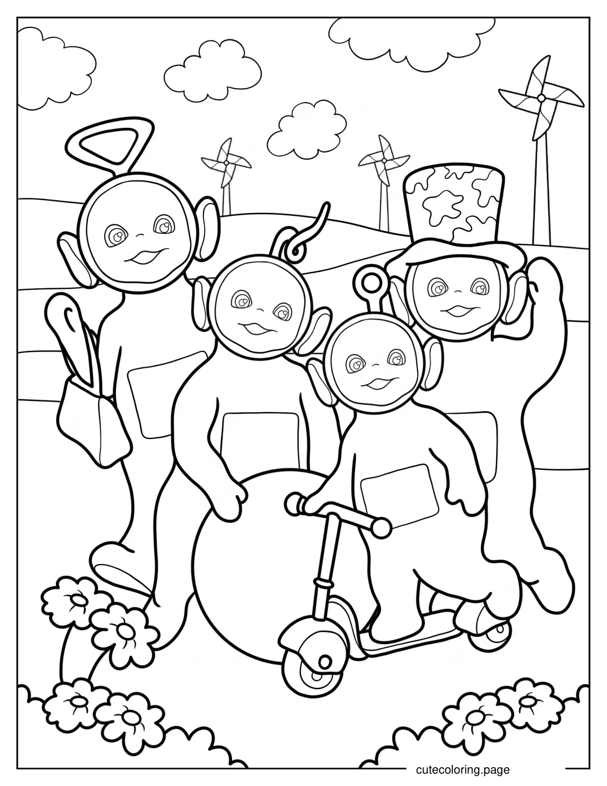 Teletubbies Laa Laa Dipsy Tinky Winky And Po Outdoors With Windmill Coloring Sheet coloring page