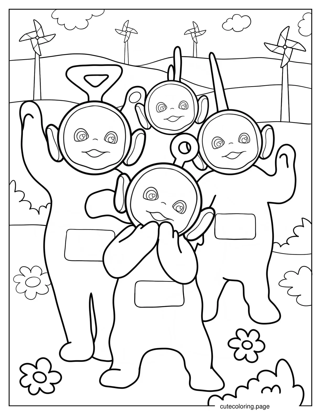 Tinky Winky Dipsy Laa Laa And Po Waving Teletubbies Coloring Page coloring page