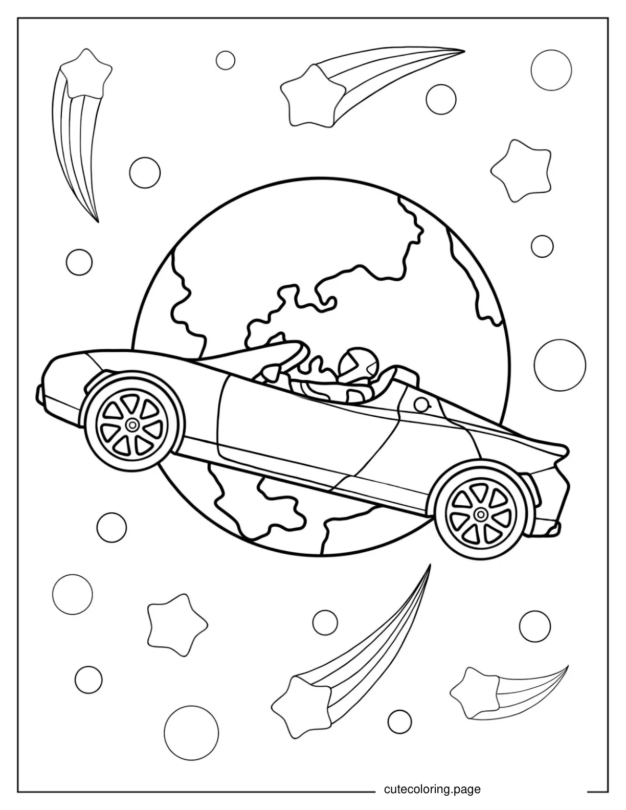 Starman Tesla Roadster In Space To Color coloring page