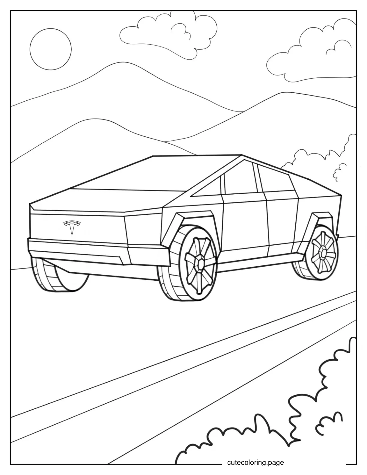 Tesla Cyber Truck Driving Through Mountains coloring page