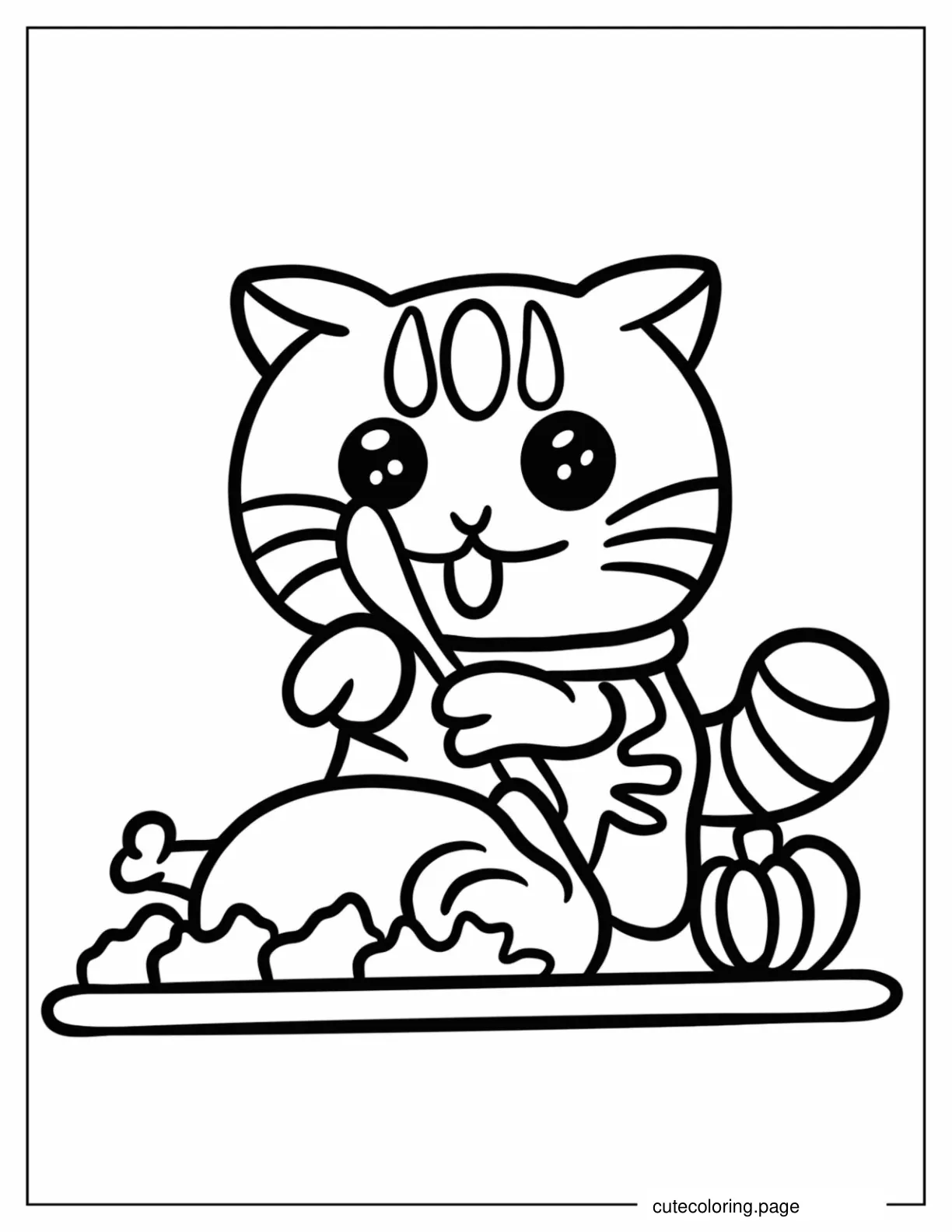 Adorable Cat Eating Thanksgiving Turkey Coloring Sheet For Preschoolers coloring page