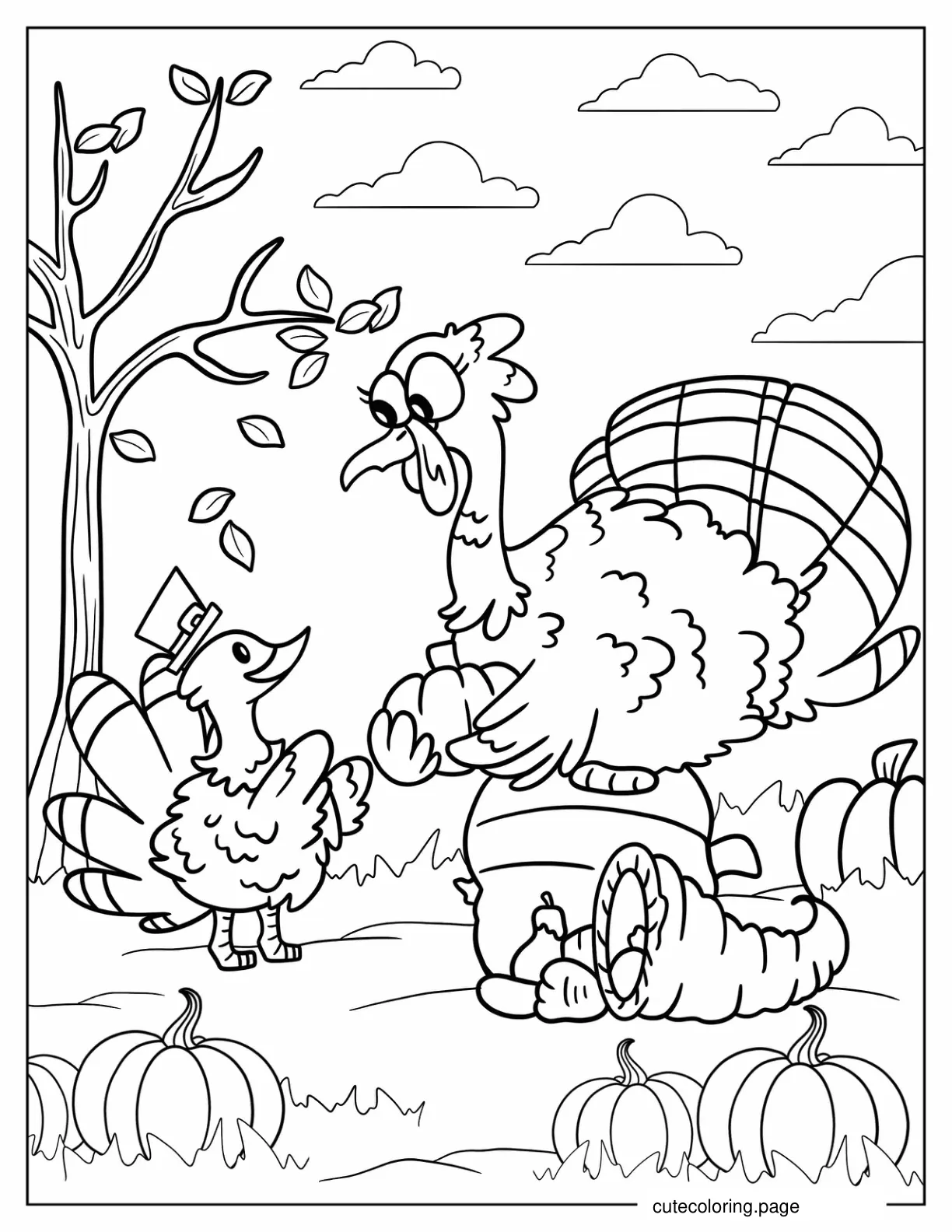 Big Turkey Passing Pumpkin To Small Turkey On Thanksgiving coloring page