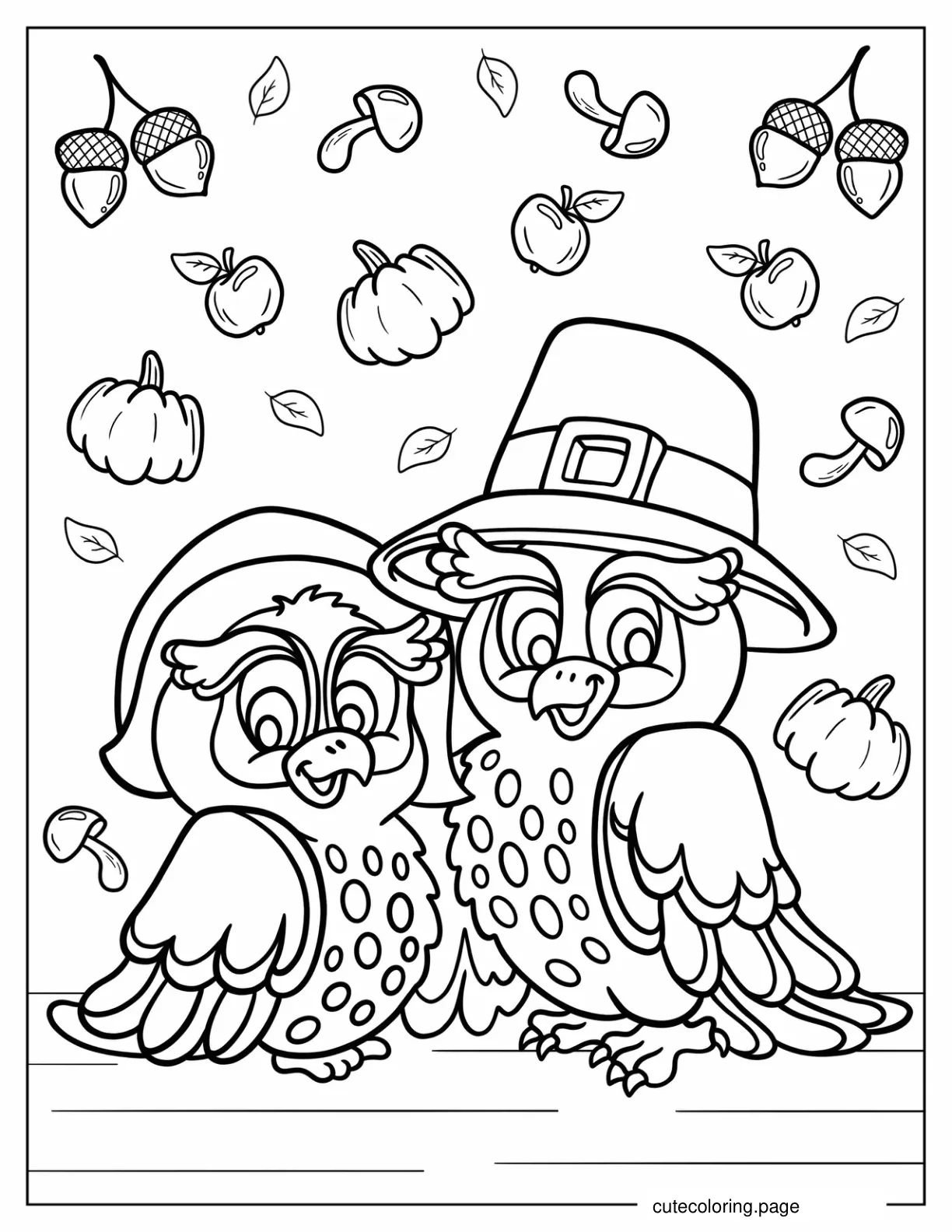 Coloring Sheet Of Cartoon Thanksgiving Owls In Hats coloring page