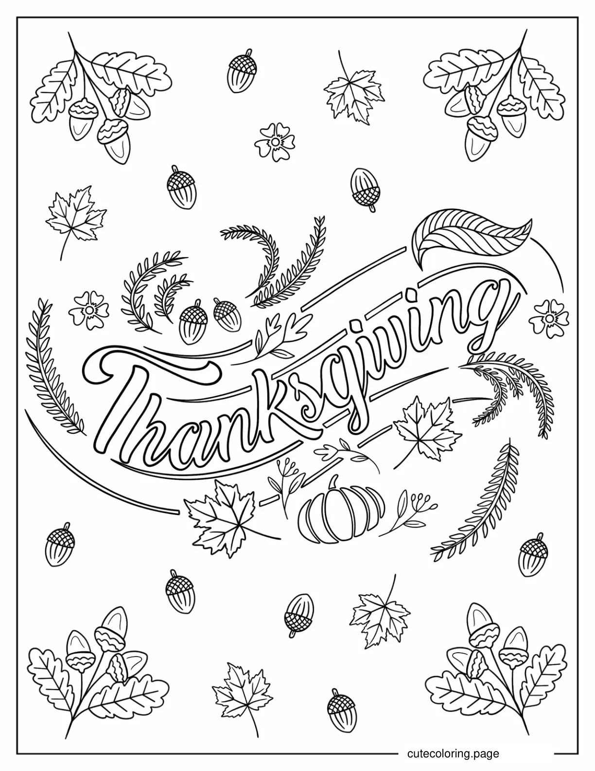 Cursive Thanksgiving Outline With Autumn Leaves coloring page