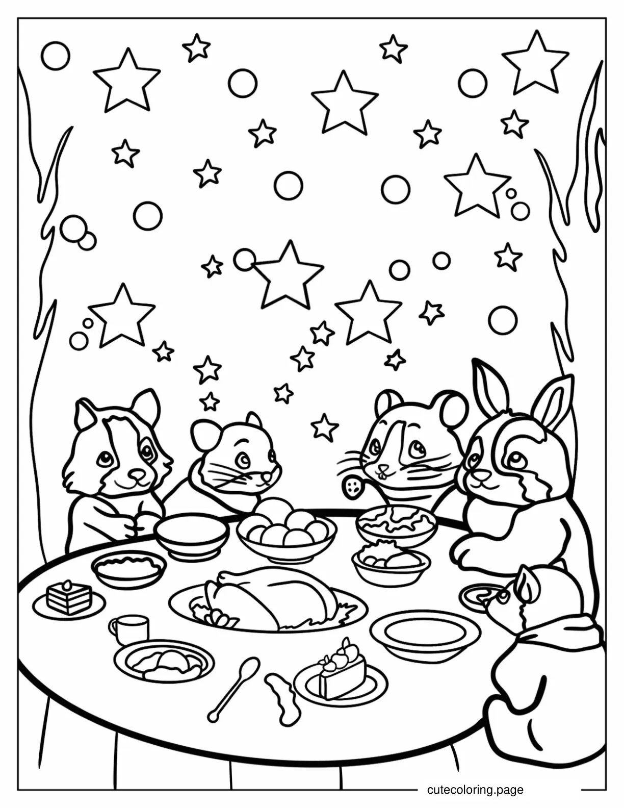 Cute Animals Eating Thanksgiving Dinner Under The Stars coloring page