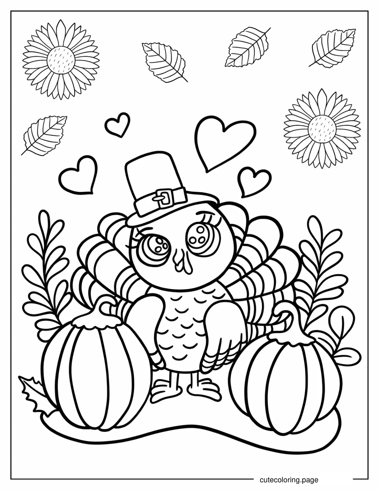 Cute Cartoon Thanksgiving Turkey With Pumpkins coloring page