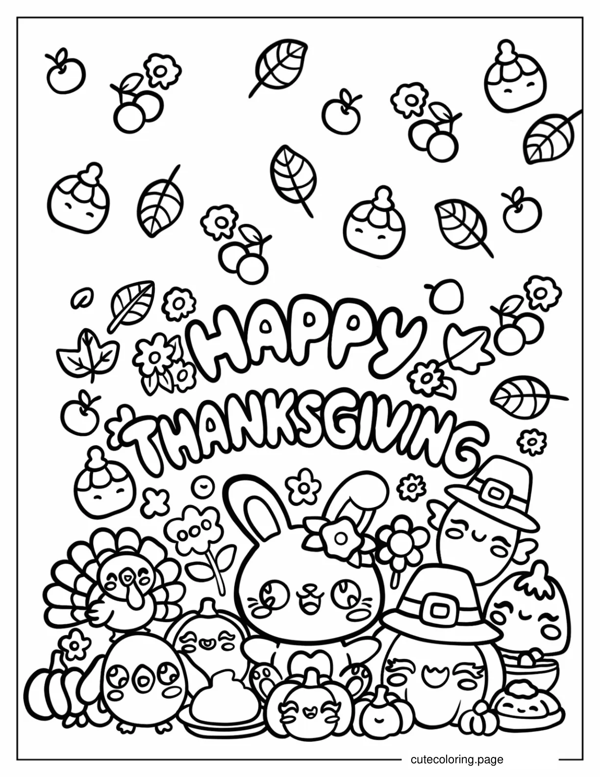 Cute Happy Critters Celebrating Thanksgiving Coloring Sheet For Kids coloring page