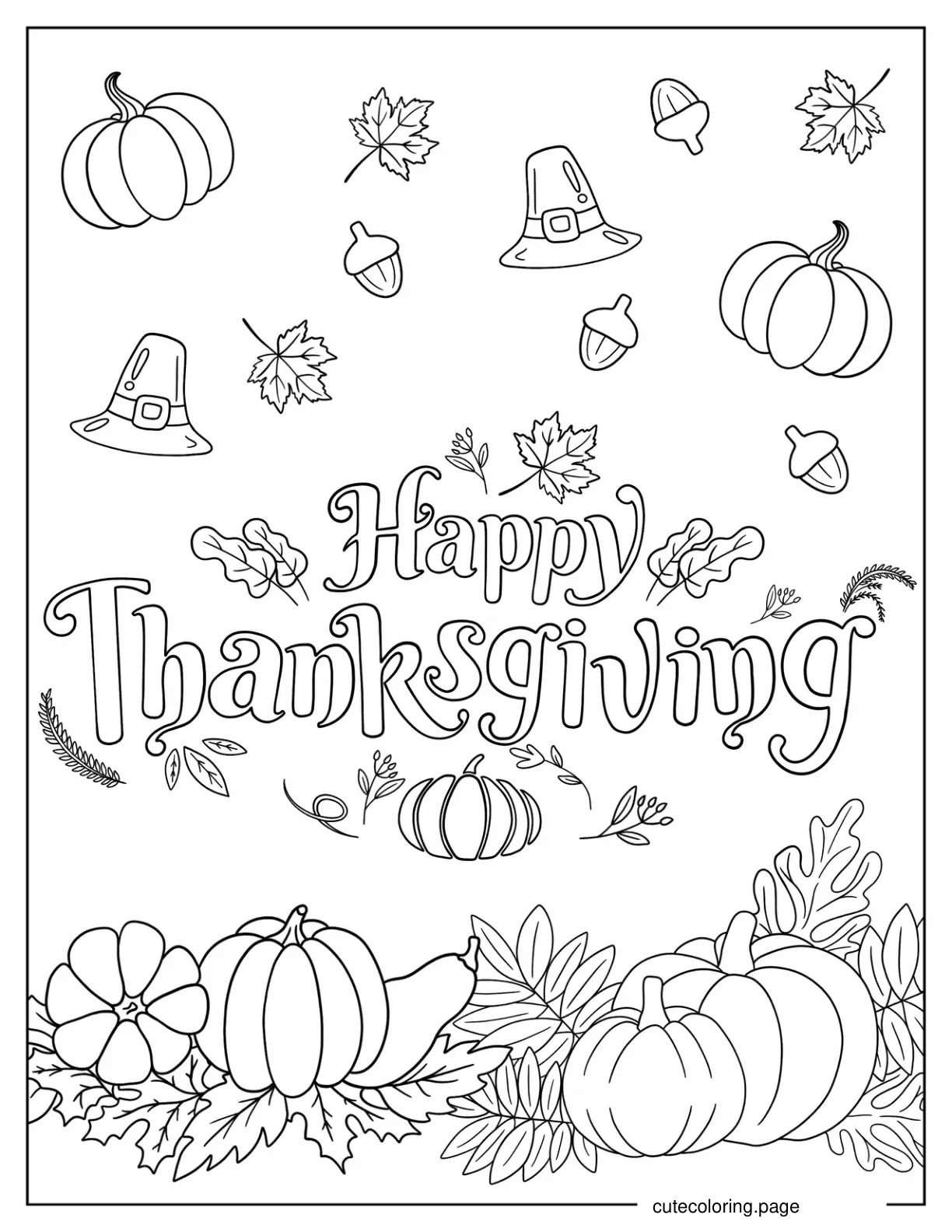 Happy Thanksgiving Greeting In Autumn Setting coloring page