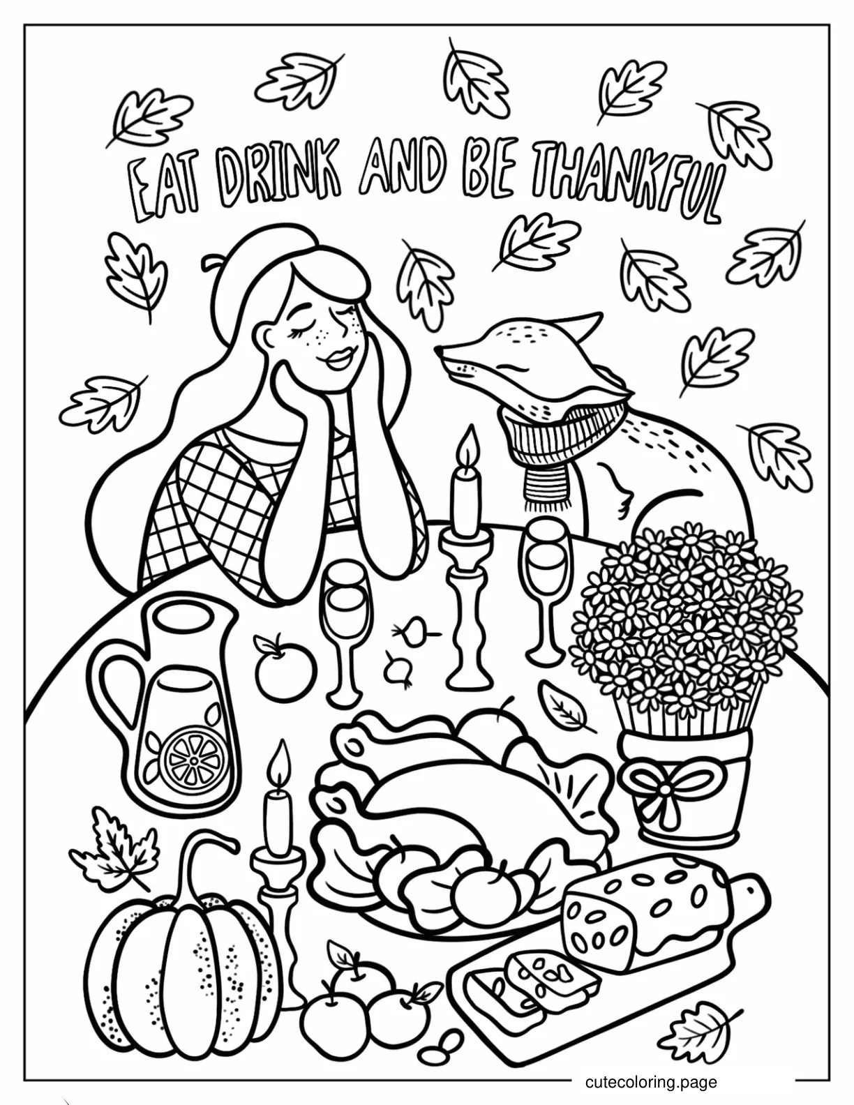 Happy Woman And Fox Eating Thanksgiving Dinner Coloring Page coloring page