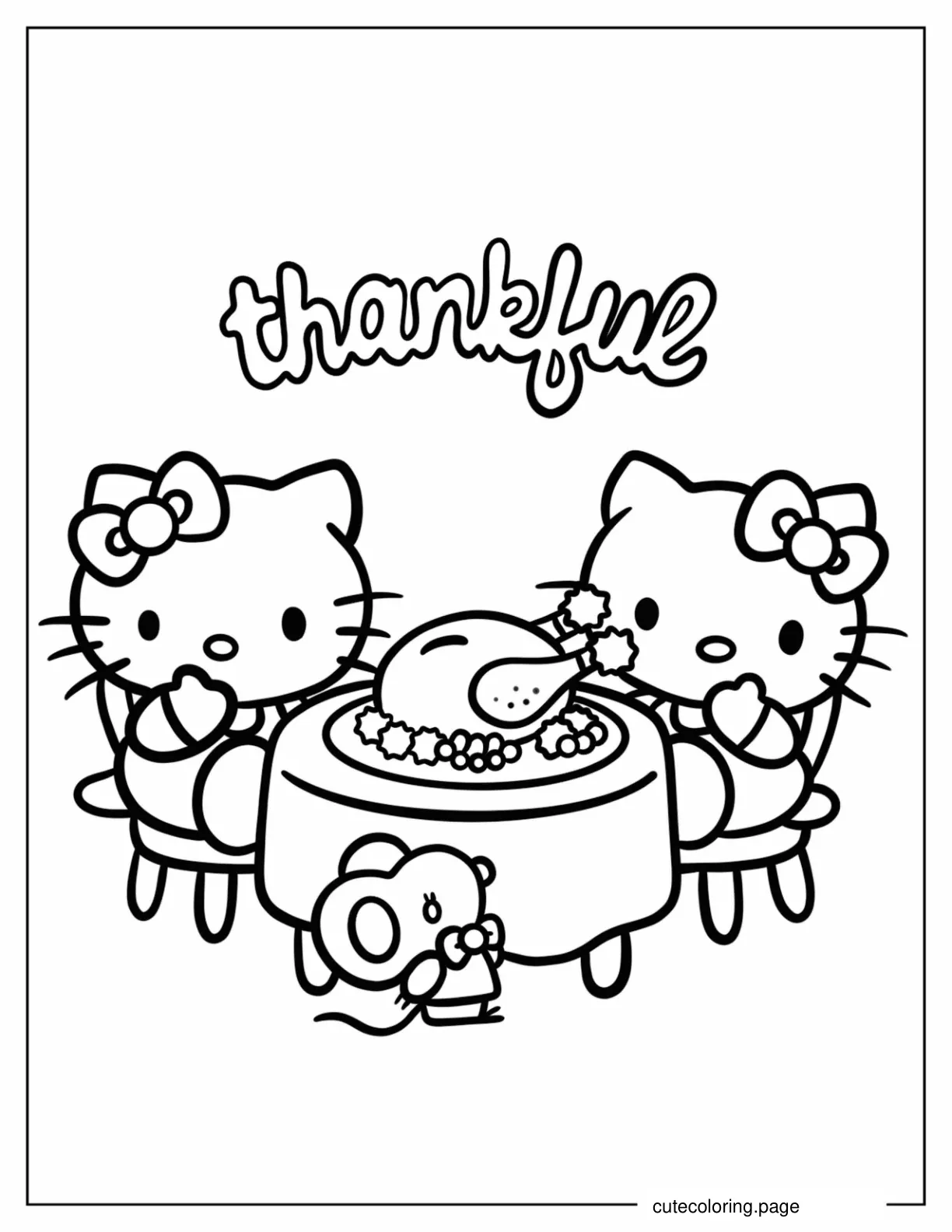 Hello Kitty And Mimmy White Eating Thanksgiving Dinner Coloring Sheet For Preschoolers coloring page