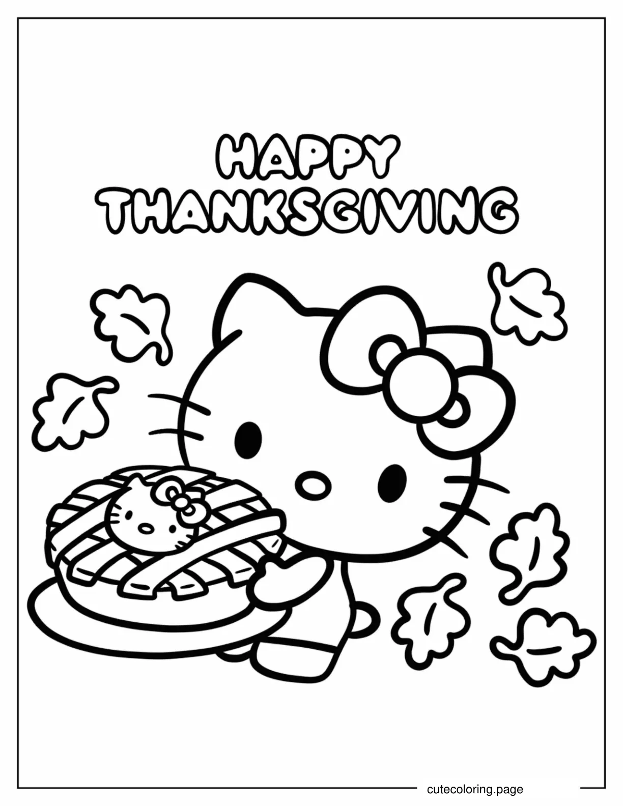 Hello Kitty Carrying A Thanksgiving Pie Coloring Page For Kids coloring page