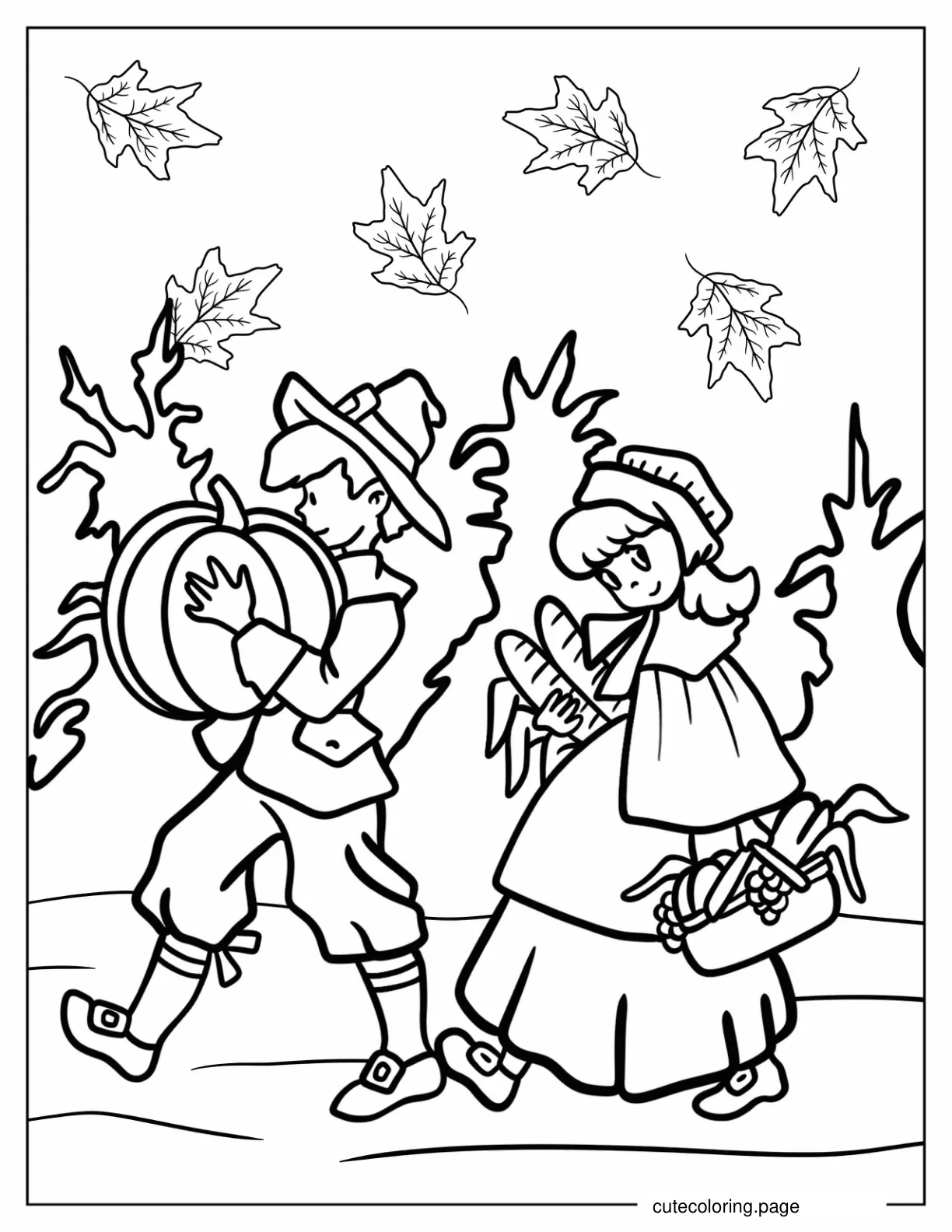 Male And Female Pilgrim Carrying Harvest Coloring Sheet coloring page