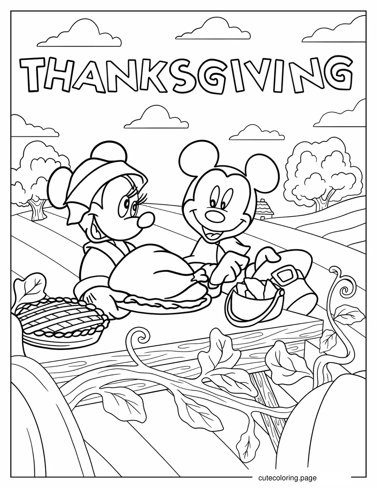 Mickey And Minnie Mouse With Thanksgiving Turkey Coloring Page coloring page