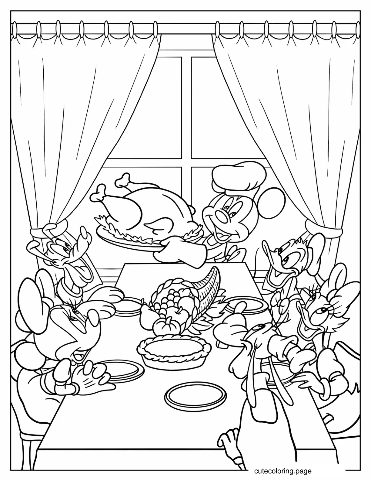 Mickey Mouse And Friends Eat Turkey On Thanksgiving Coloring Sheet coloring page