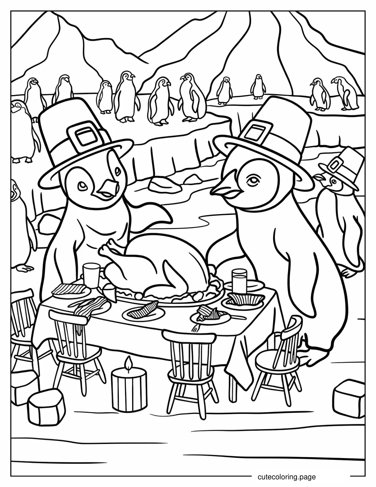 Penguins Celebrating Thanksgiving In The Arctic Coloring Sheet coloring page