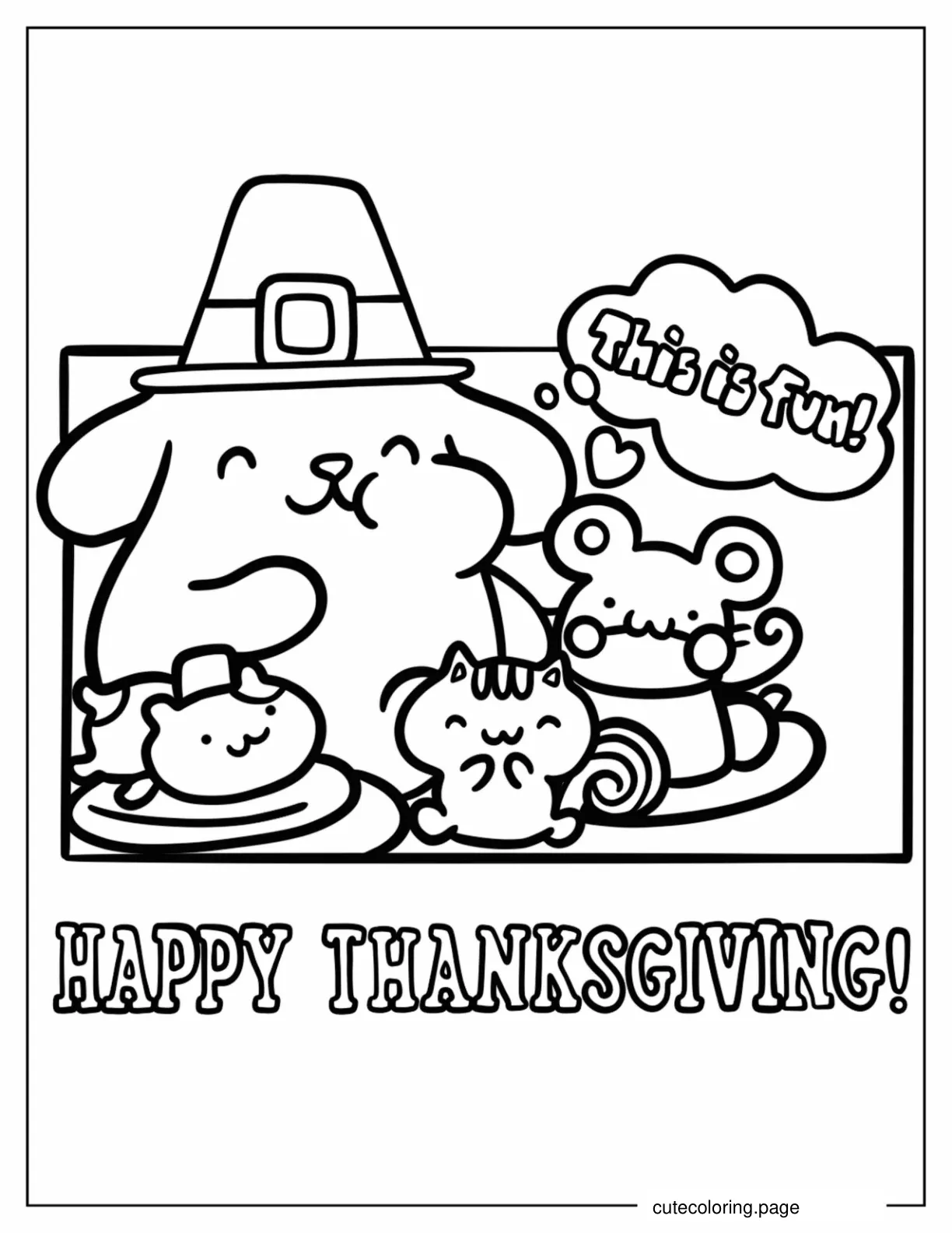 Pompompurin Eating Thanksgiving Dinner With Friends Coloring Page coloring page