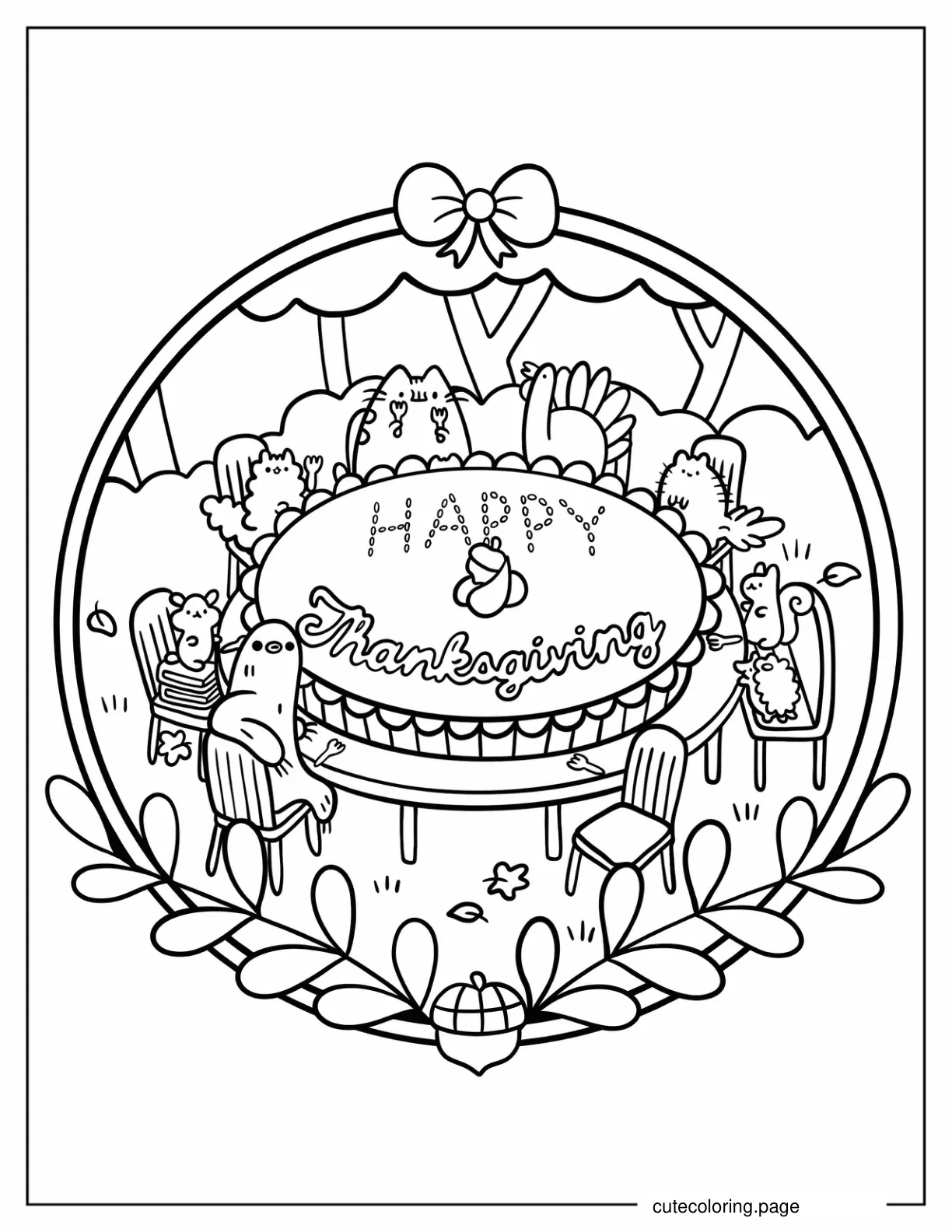 Pusheen And Friends Celebrating Thanksgiving Coloring Page For Kids coloring page