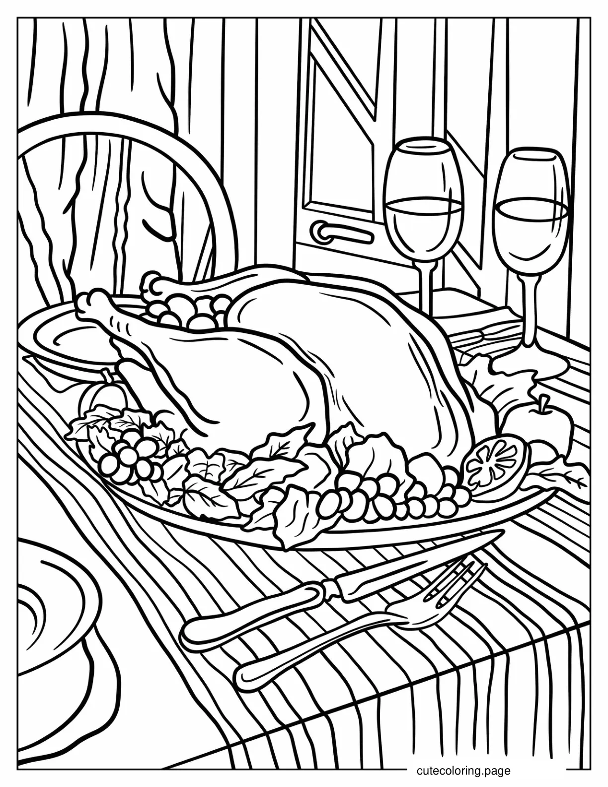 Realistic Turkey With Wine Glasses Coloring Page coloring page