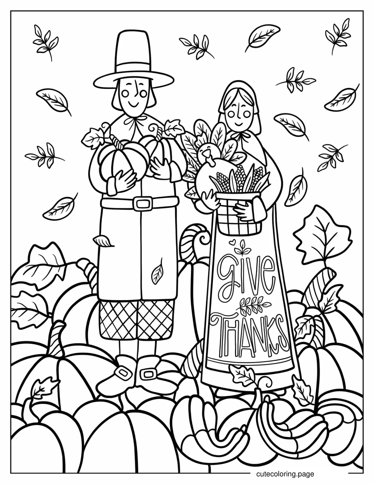 Smiling Pilgrims Surrounded By Pumpkins coloring page