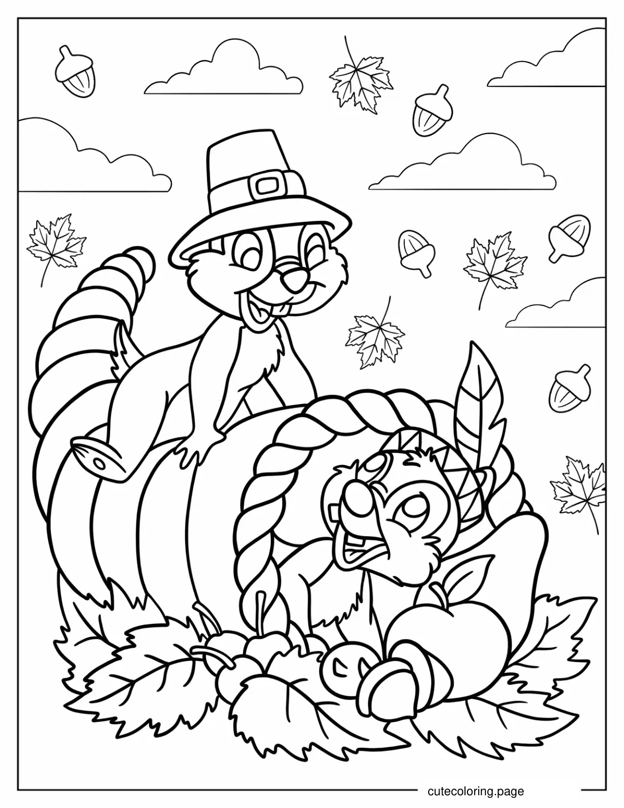 Squirrels Playing With Basket On Thanksgiving coloring page