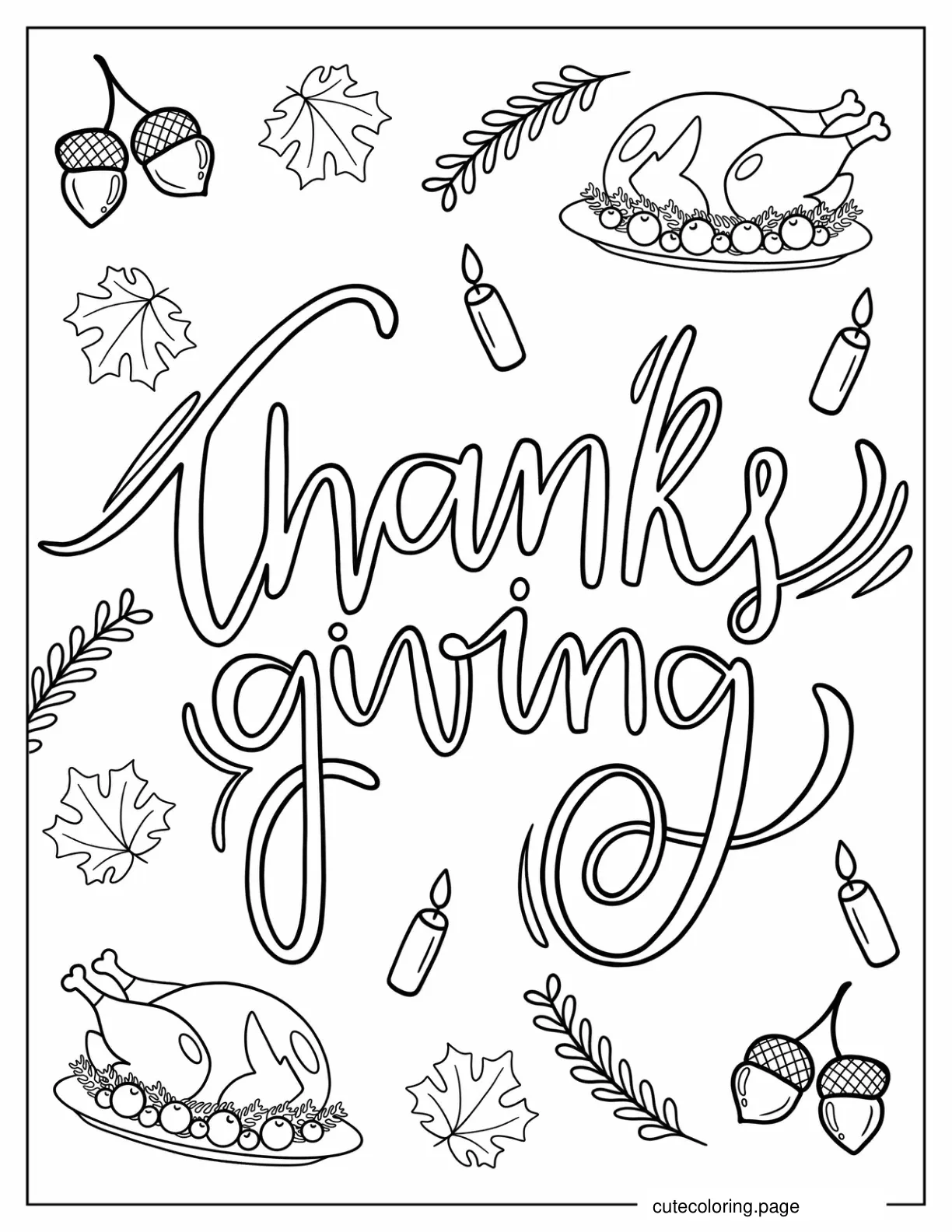 Thanksgiving Lettering With Turkey Leaves And Acorns coloring page