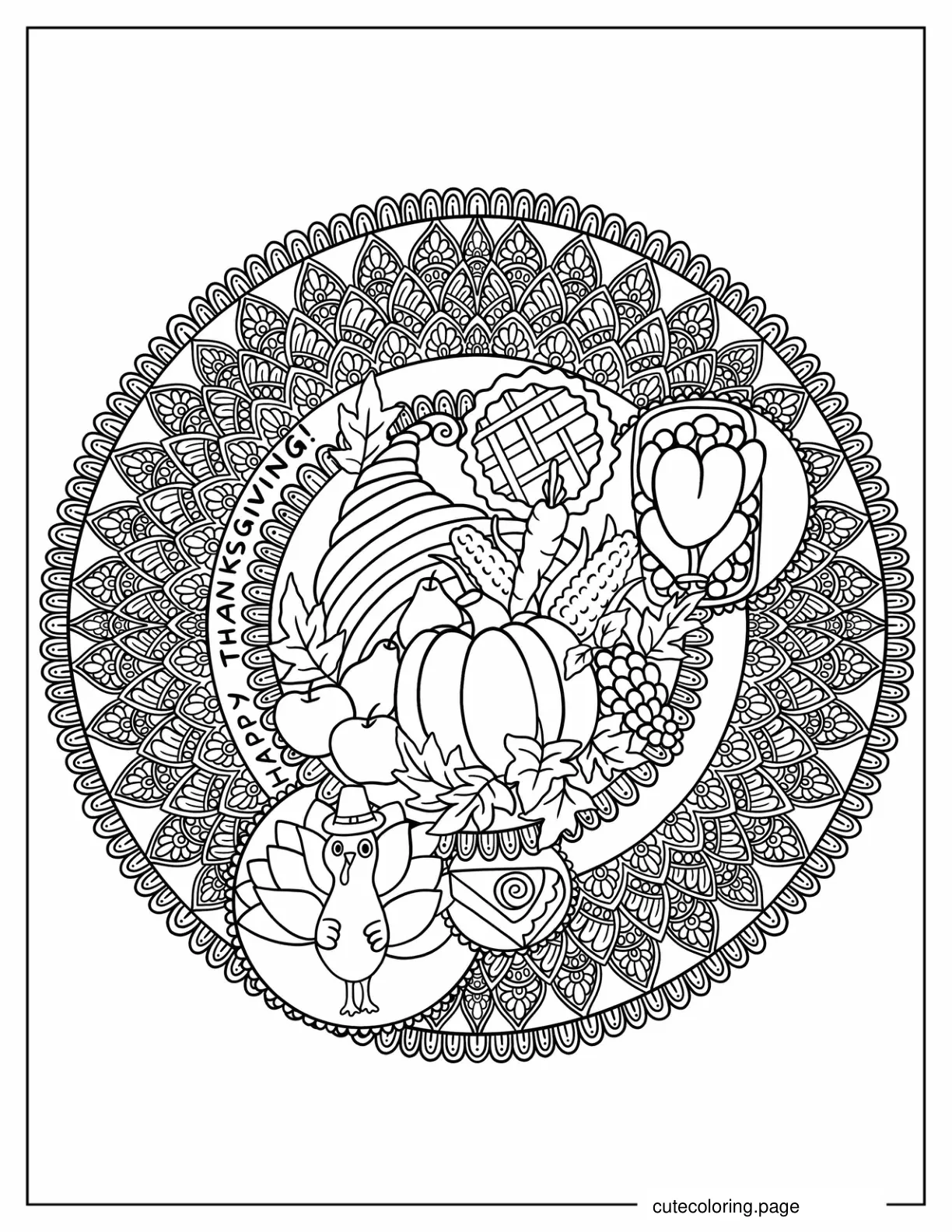 Thanksgiving Mandala With Pumpkins And Turkey Coloring In coloring page