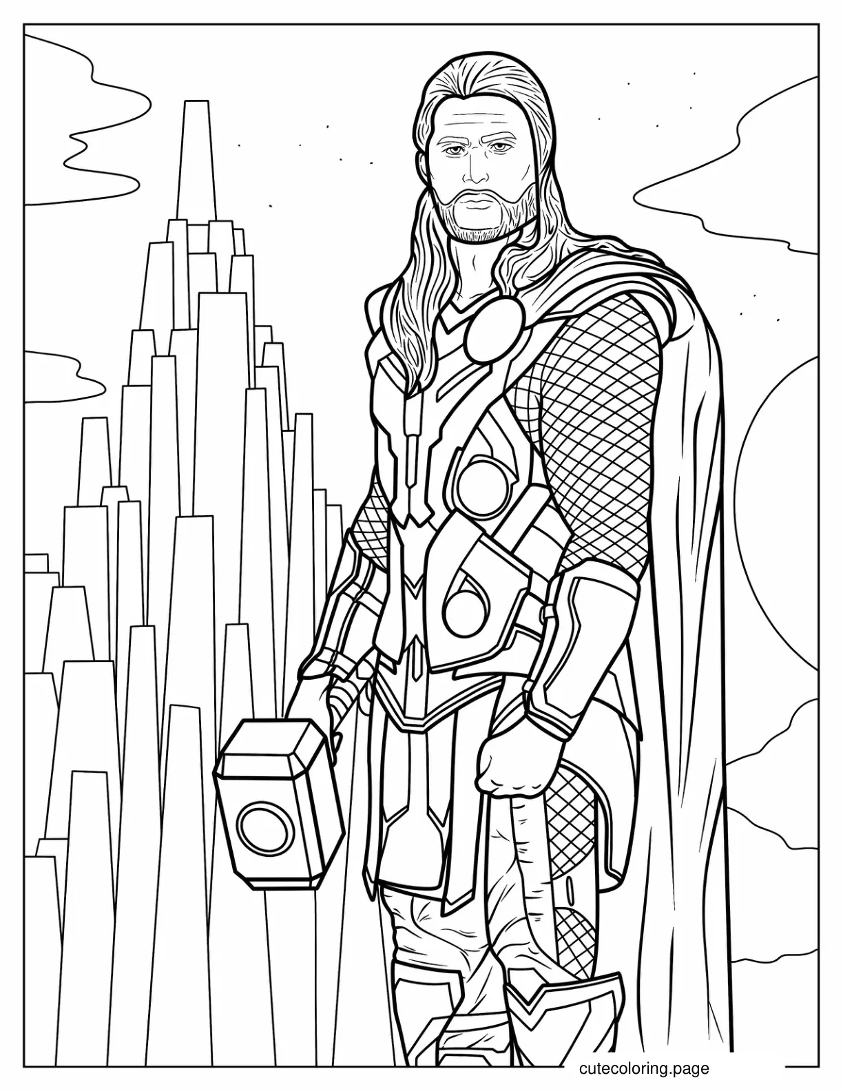 Detailed Coloring Page Of Thor Holding Hammer coloring page