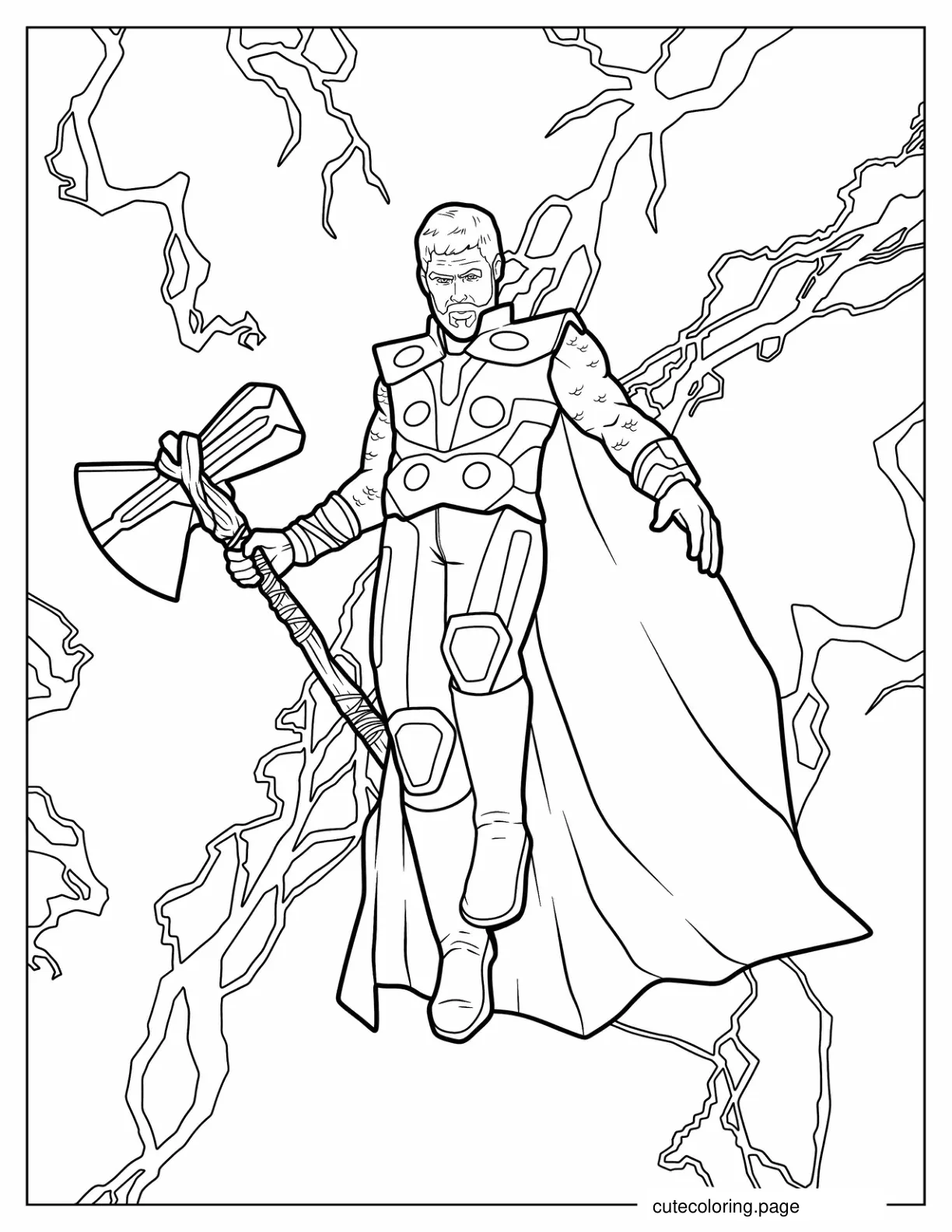 Thor Hovering During Lightening With Stormbreaker coloring page