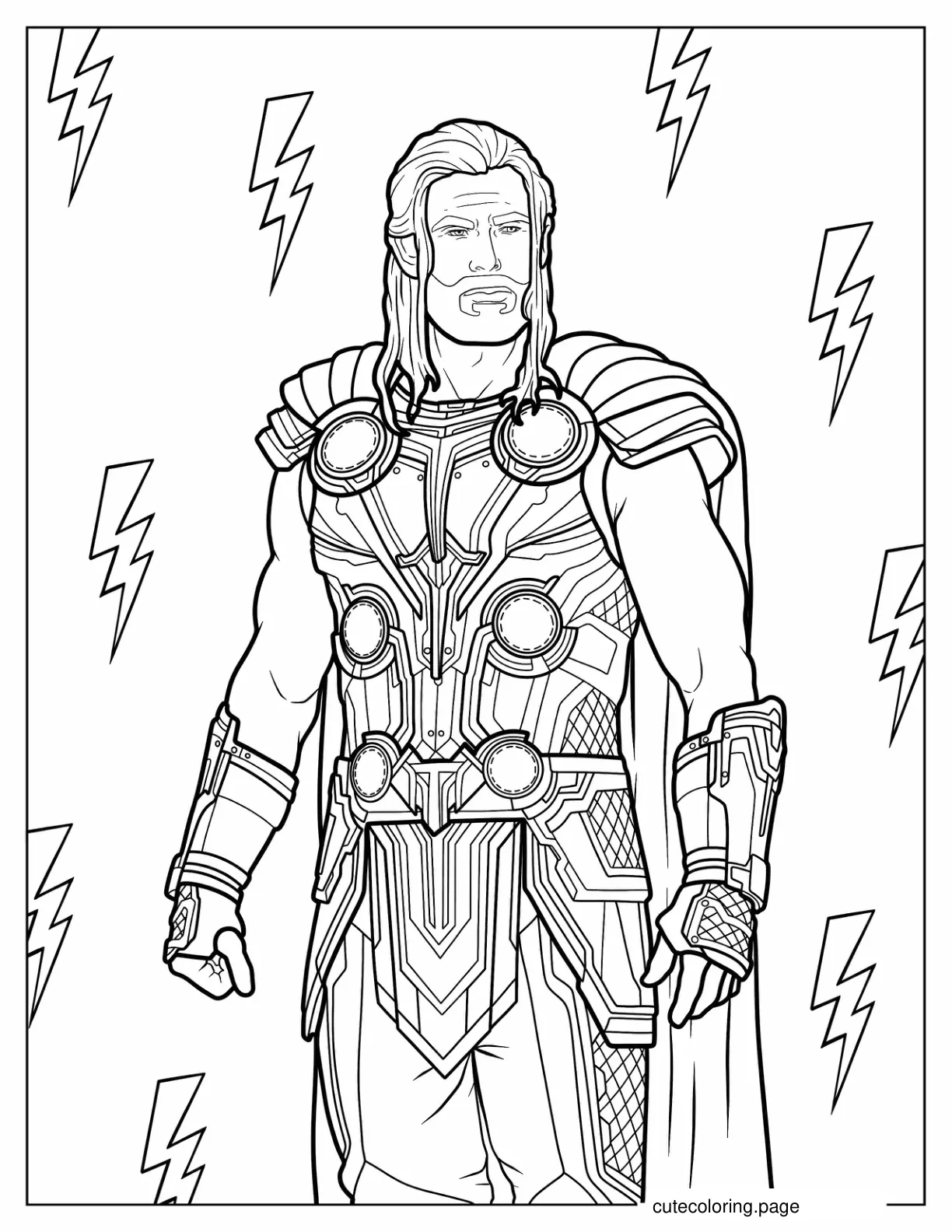 Thor With Detailed Armor And Lightening Strikes coloring page