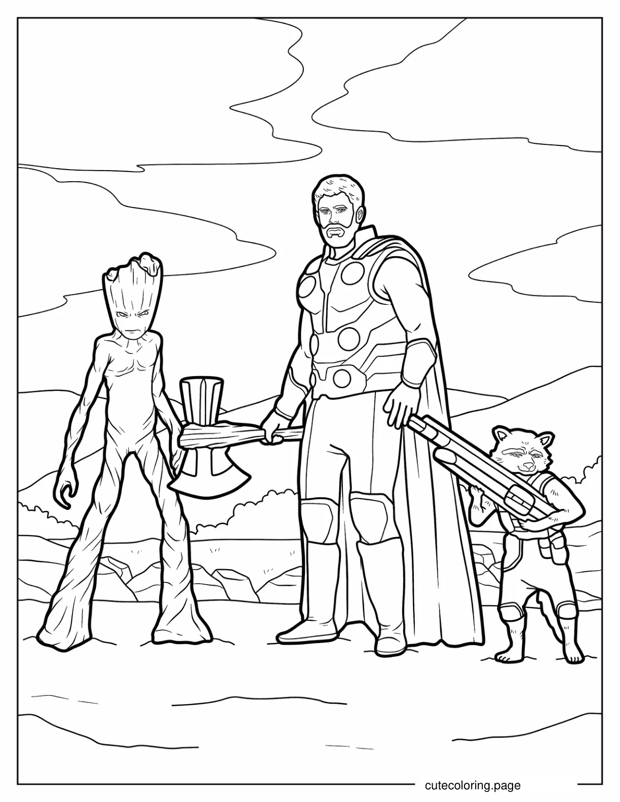 Thor With Groot And Rocket Racoon coloring page