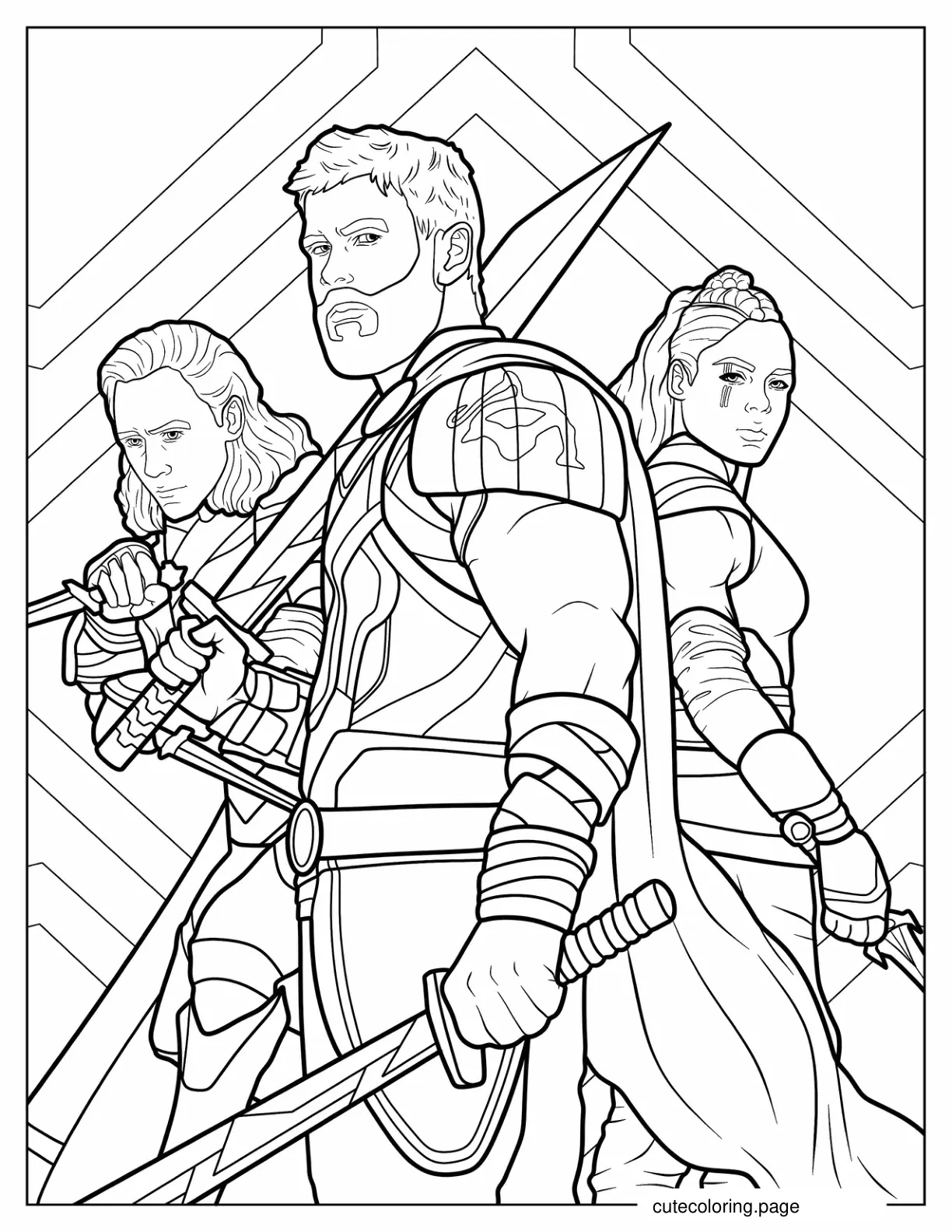 Thor With Loki And Valkyrie To Color coloring page