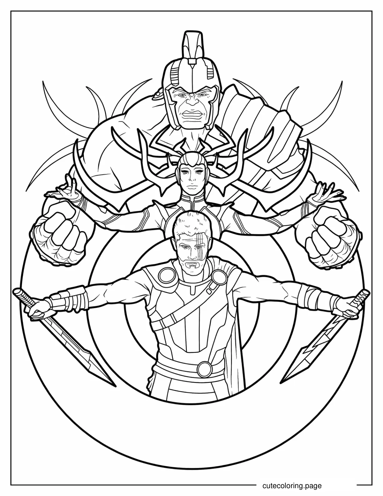 Thor With The Hulk And Hela coloring page