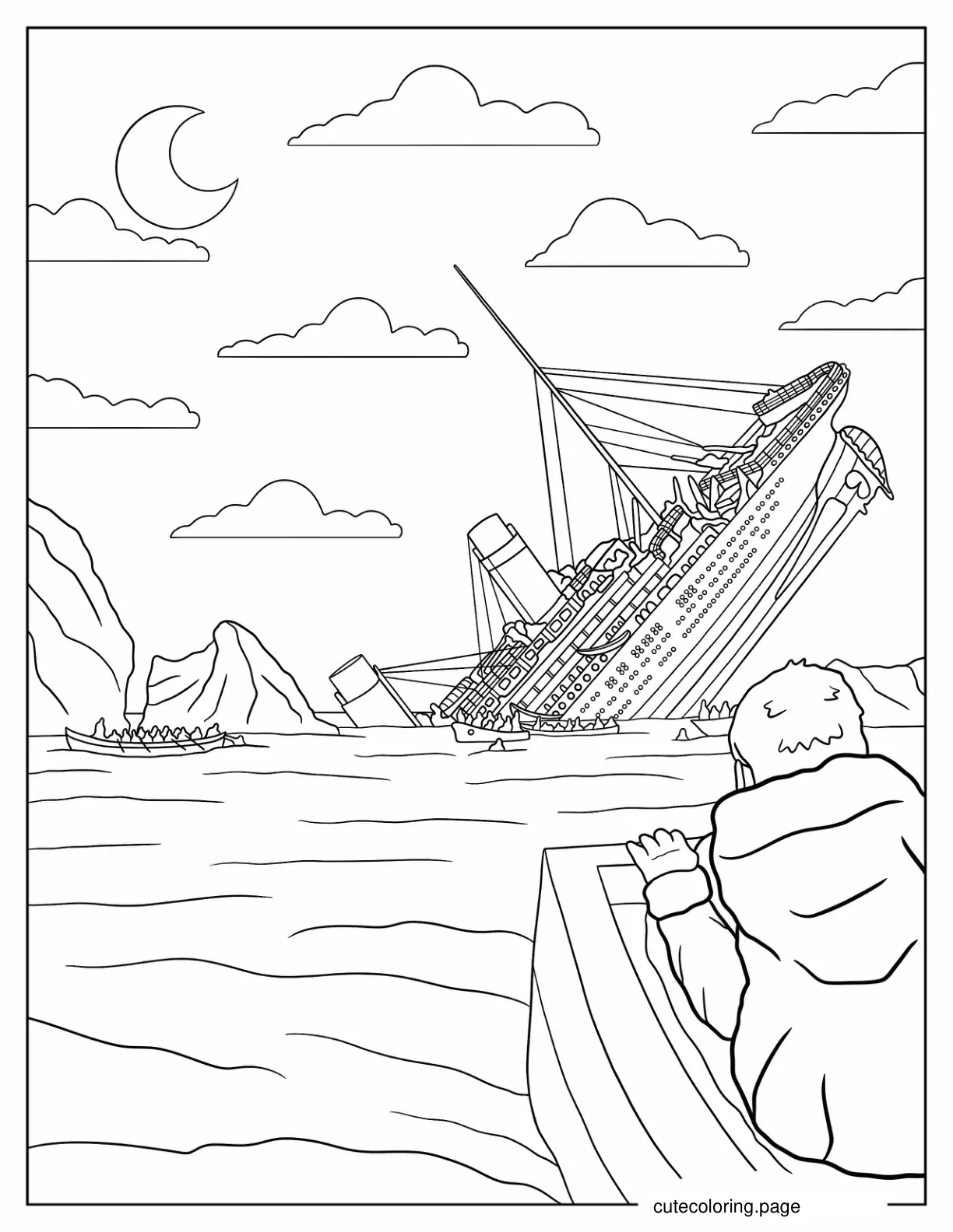 Coloring Page of Titanic Sinking While Survivors Watch coloring page