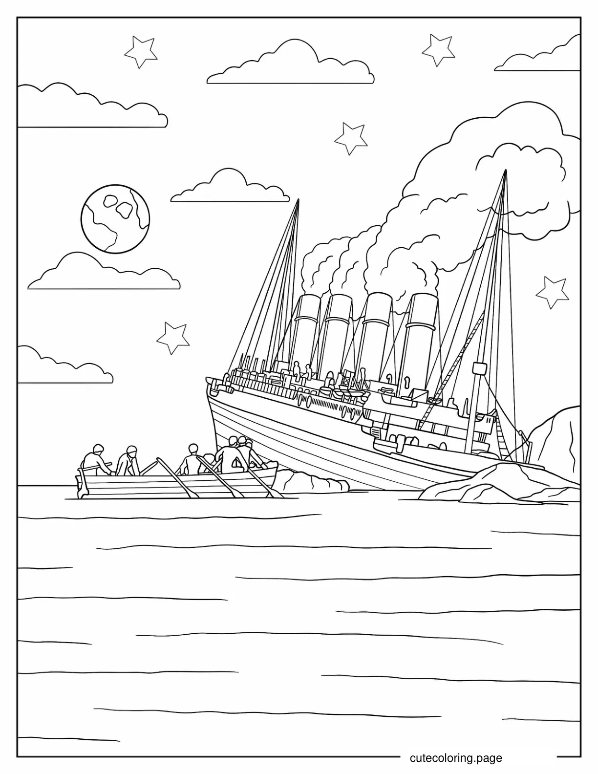 Life Boat Rowing Away From Sinking Titanic coloring page